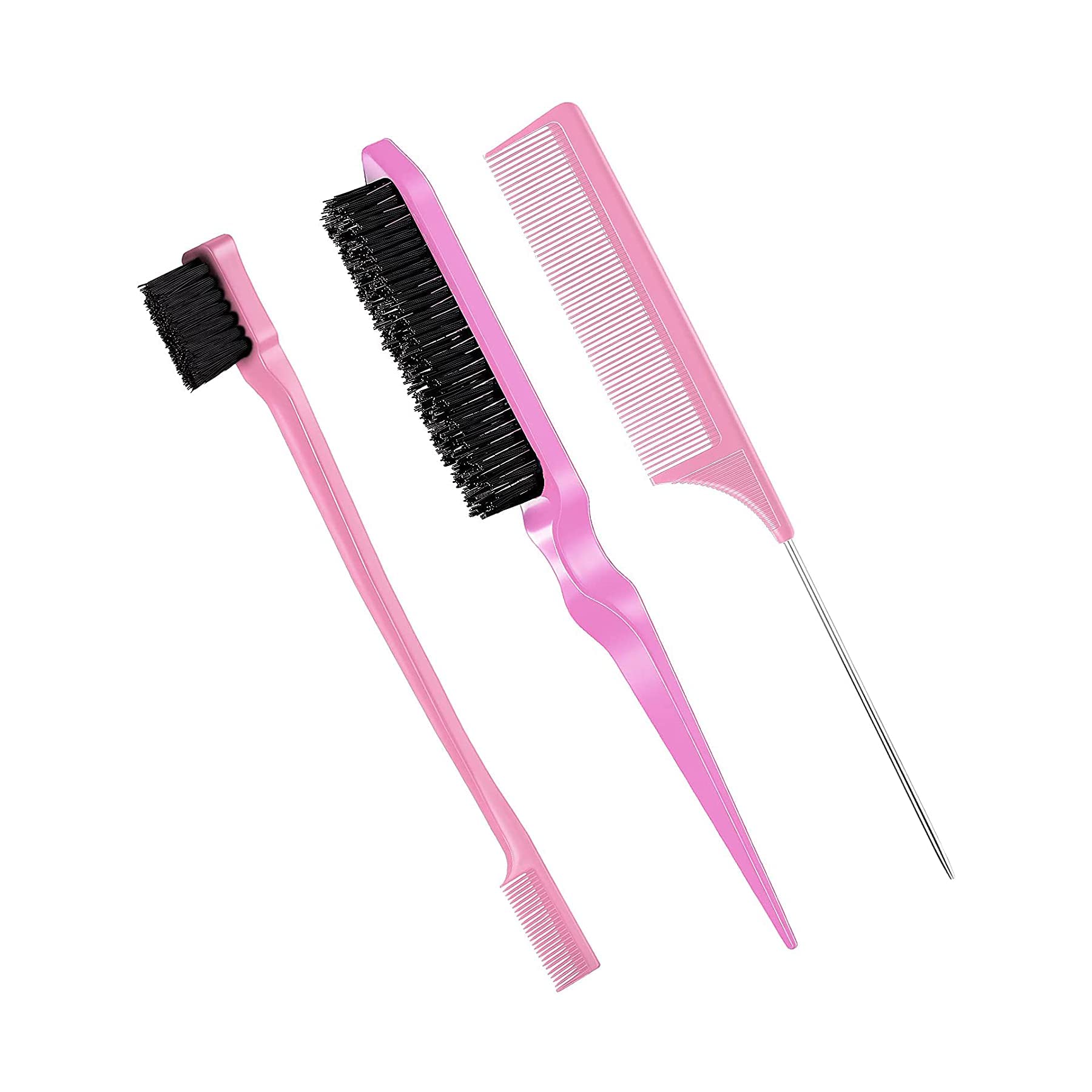 THE WHITE SHOP 3 Pieces Teasing Brush Set Edge Brush and Comb Bristle Hair Brush Teasing Comb Grooming Combs Sturdy Rat Tail Comb for Travel Hair Stylist Women Baby Kids (Pink)