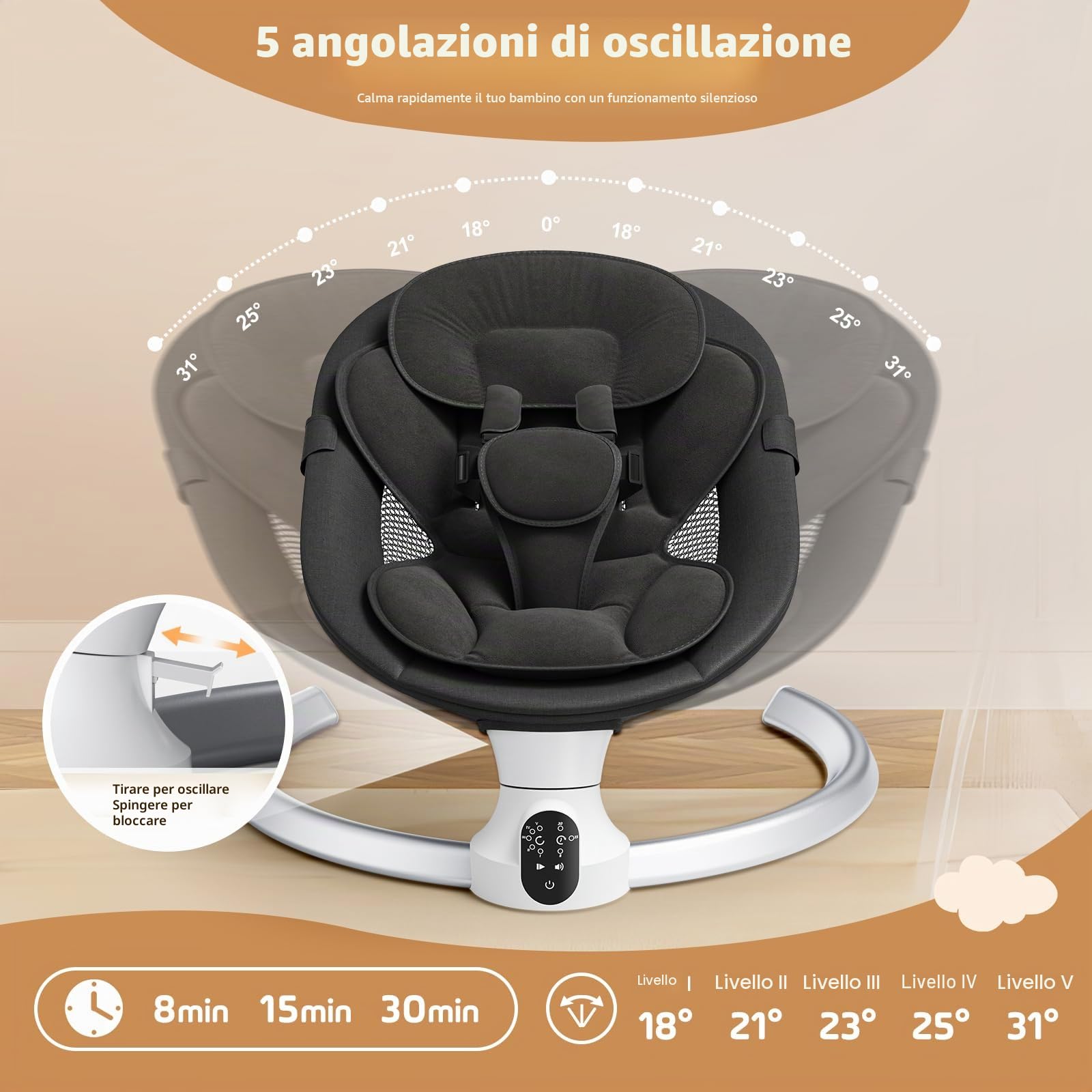 Sdraietta Neonati Elettrica, Dondolo Neonati Elettrico per bambini con telecomando e wireless per stile di controllo APP fino a 9 kg di peso con imbracatura di sicurezza a 5 punti