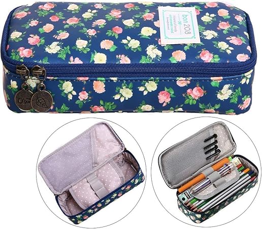 Amazon Kama Bridalペンケース 大容量 筆箱 文具 収納 分類整理 おしゃれ 学校 事務用品 化粧ポーチ 色鉛筆 多機能ケース 花柄 ネービーブルー 文房具 オフィス用品 文房具 オフィス用品