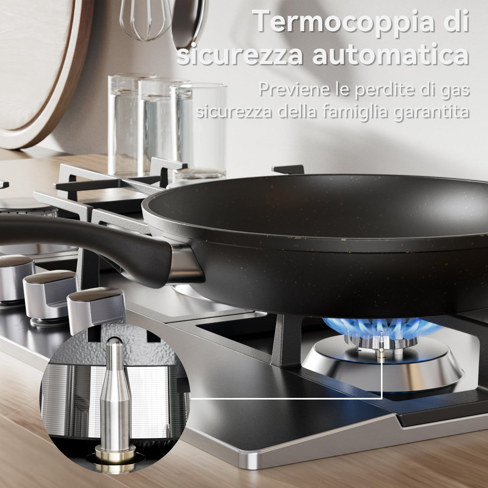 Hermitlux Piano Cottura a Gas 5 Fuochi 85cm da Incasso, per Gas Naturale/Propano, Sicurezza Tramite termocoppia, Acciaio Inossidabile