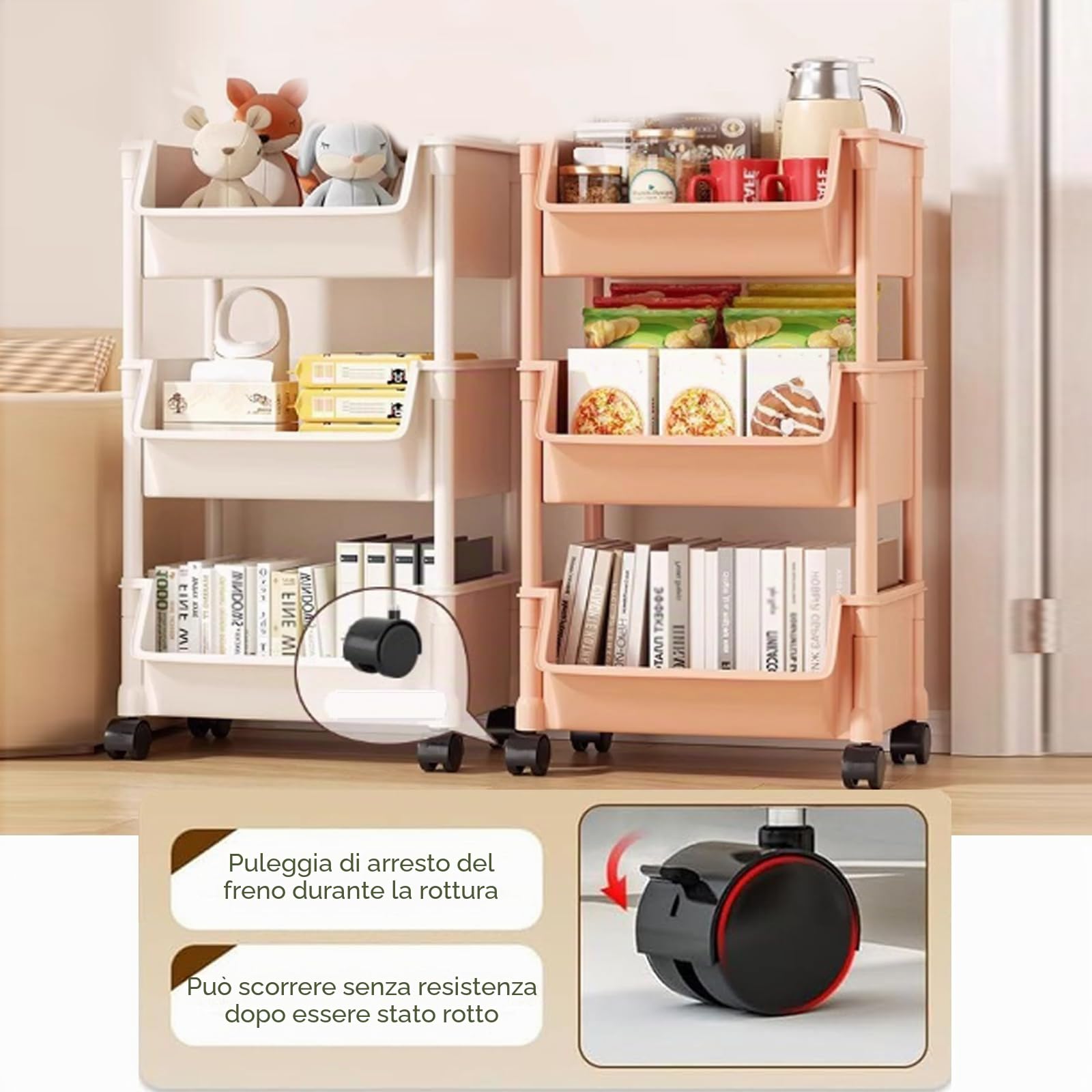 Carrello portaoggetti in plastica con cassetto a 3 ripiani, multifunzione, per cucina, bagno, organizer mobile con ruote