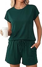 Uniexcosm Women's Pyjama Sets Summer Pyjamas for Women Cotton Short Sleeve Top And Shorts for Summer Two Piece Pj Sets Soft Crewneck Nightwear With Pockets Sleepwear