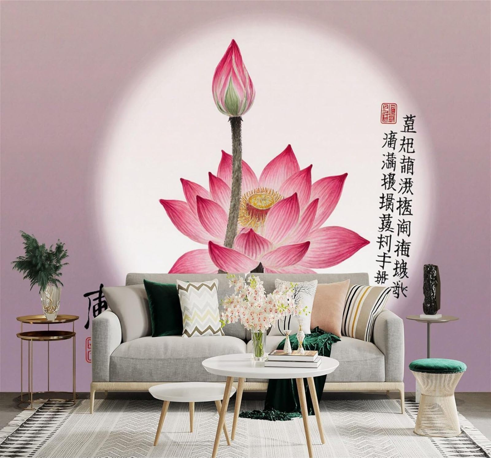 XLMING Soft Hand Drawn Pink Lotus Ink Wash Calligraphy 3D Wallpaper Premium Textured Silk Study Dining Living Room Bedroom Sofa TV Wall Easy Install-350cm×256cm