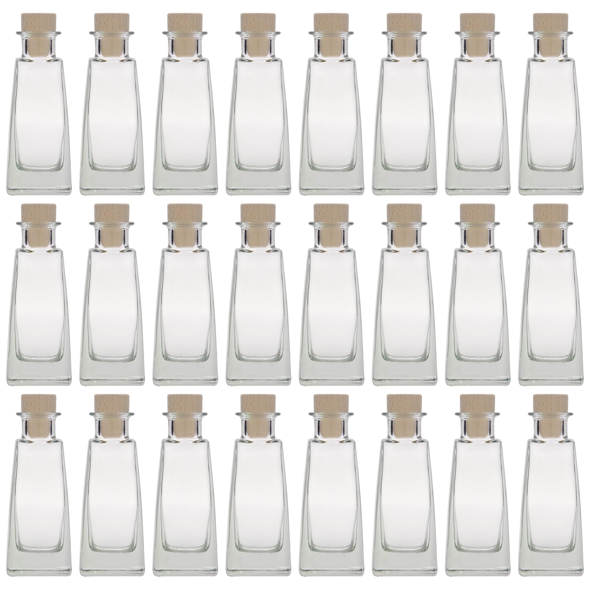 Timmy - Bottiglia di vetro rettangolare da 100 ml, con manico in sughero in legno, set da 24 pezzi