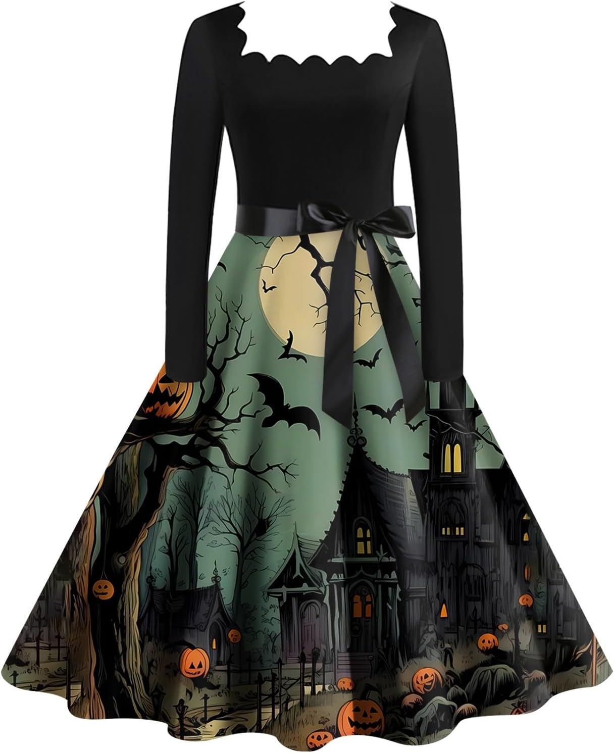 Womens Halloween Costumes Dresses Square Neck Long Sleeve Casual Dress Printed A Line Bow Tie Waist Party Vintage Dresses