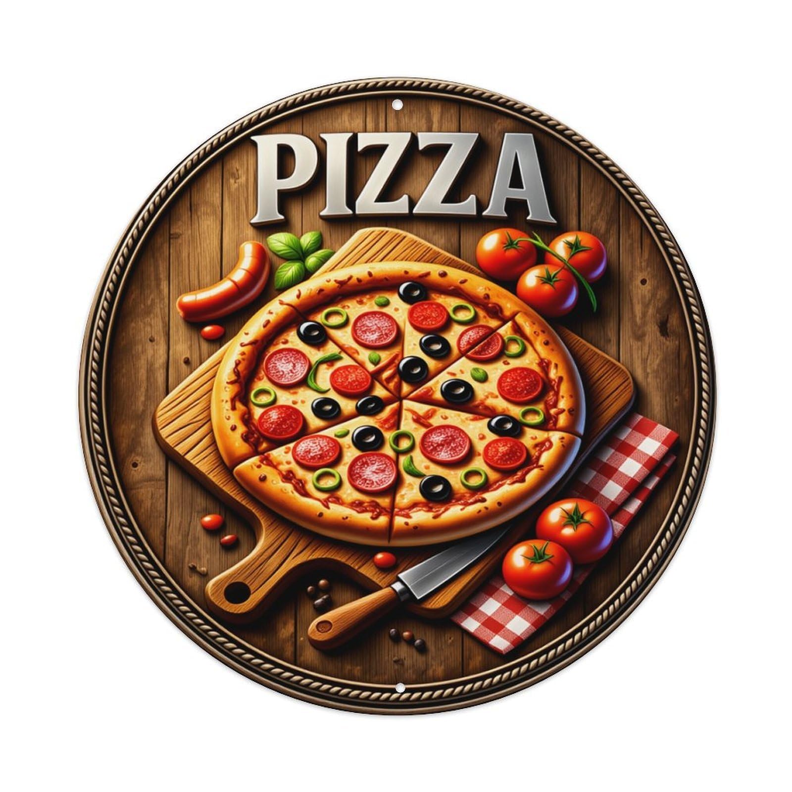 Pizza Slices Tomatoes Olives Basil Round Tin Sign Vintage Metal Sign Home Bar Garden Indoor & Outdoor Wall Decor Retro Metal Poster 8x8 Inch