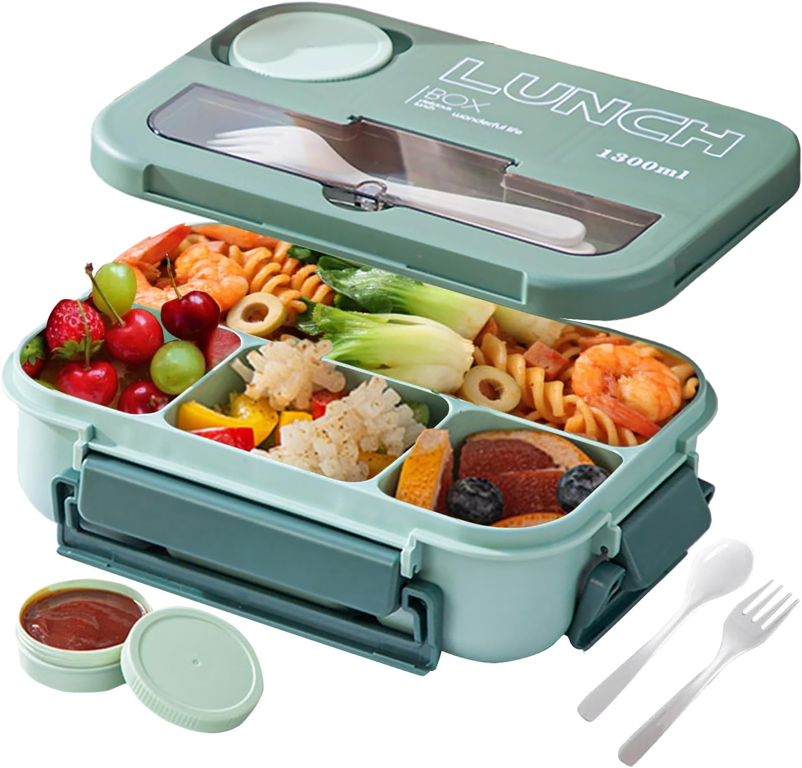 YumLock Lunch Box Set - 1300ml Bento Box with 4 Compartments, Utensils, & Sauce Container for Meal Prep & On-the-Go, Green