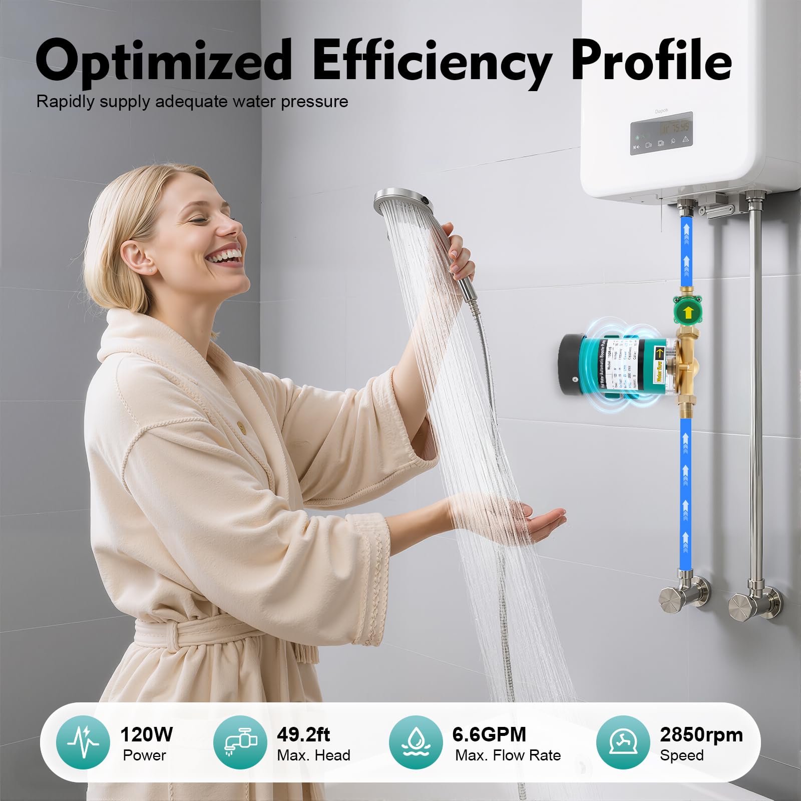Pompe à eau chaude 220 V, 50 Hz, 120 W, 25 l/min, pompe à pression automatique, hauteur manométrique maximale 15 m/49,2 pieds, pour chauffe-eau, douche, eau du robinet, pompe de circulation haute