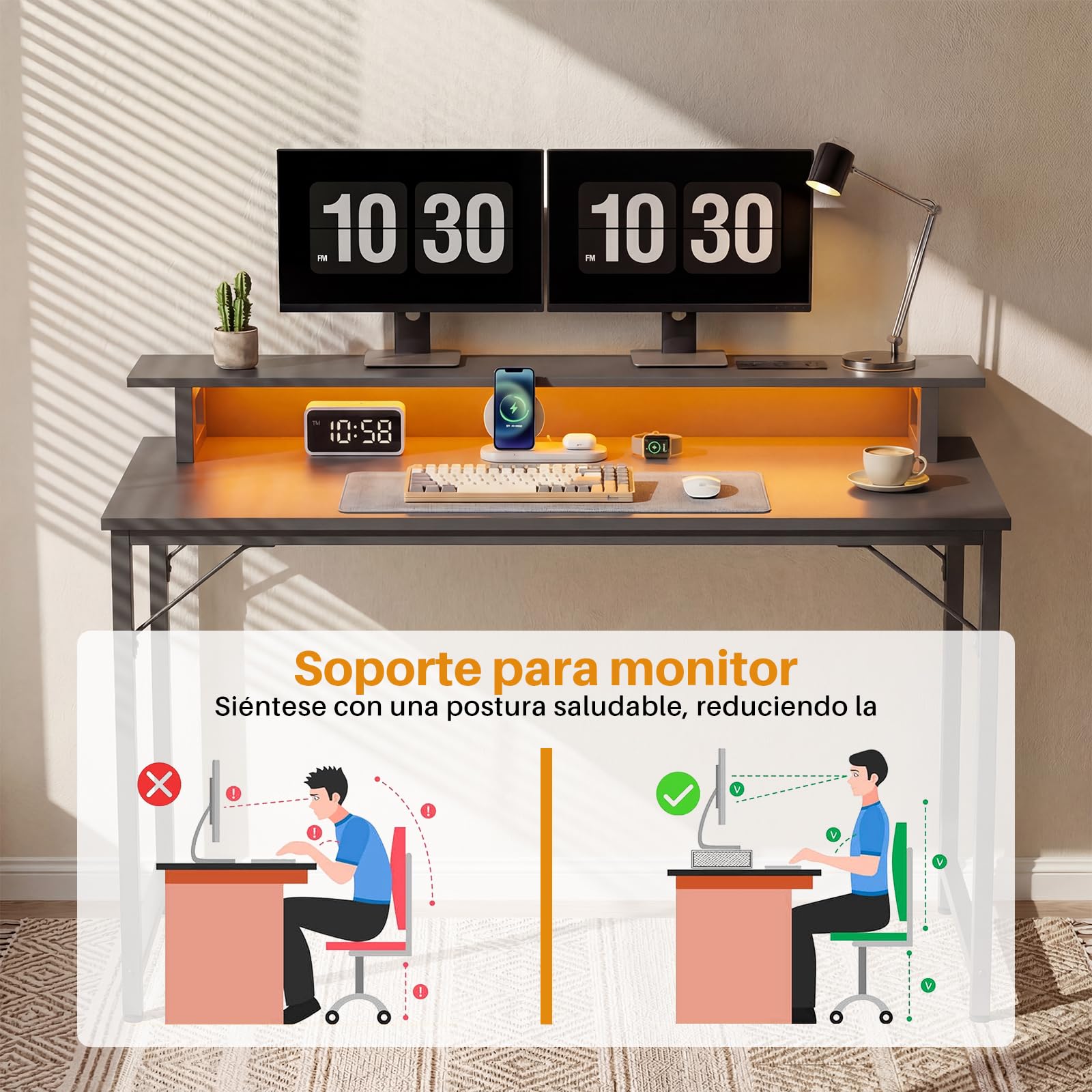 iSunirm Mesa Gaming con LED y Enchufes 120x50cm, Escritorio Gaming con Soporte para Monitor y Puertos USB, Escritorio Pequeño para Ordenador para Habitación y Oficina, Negro