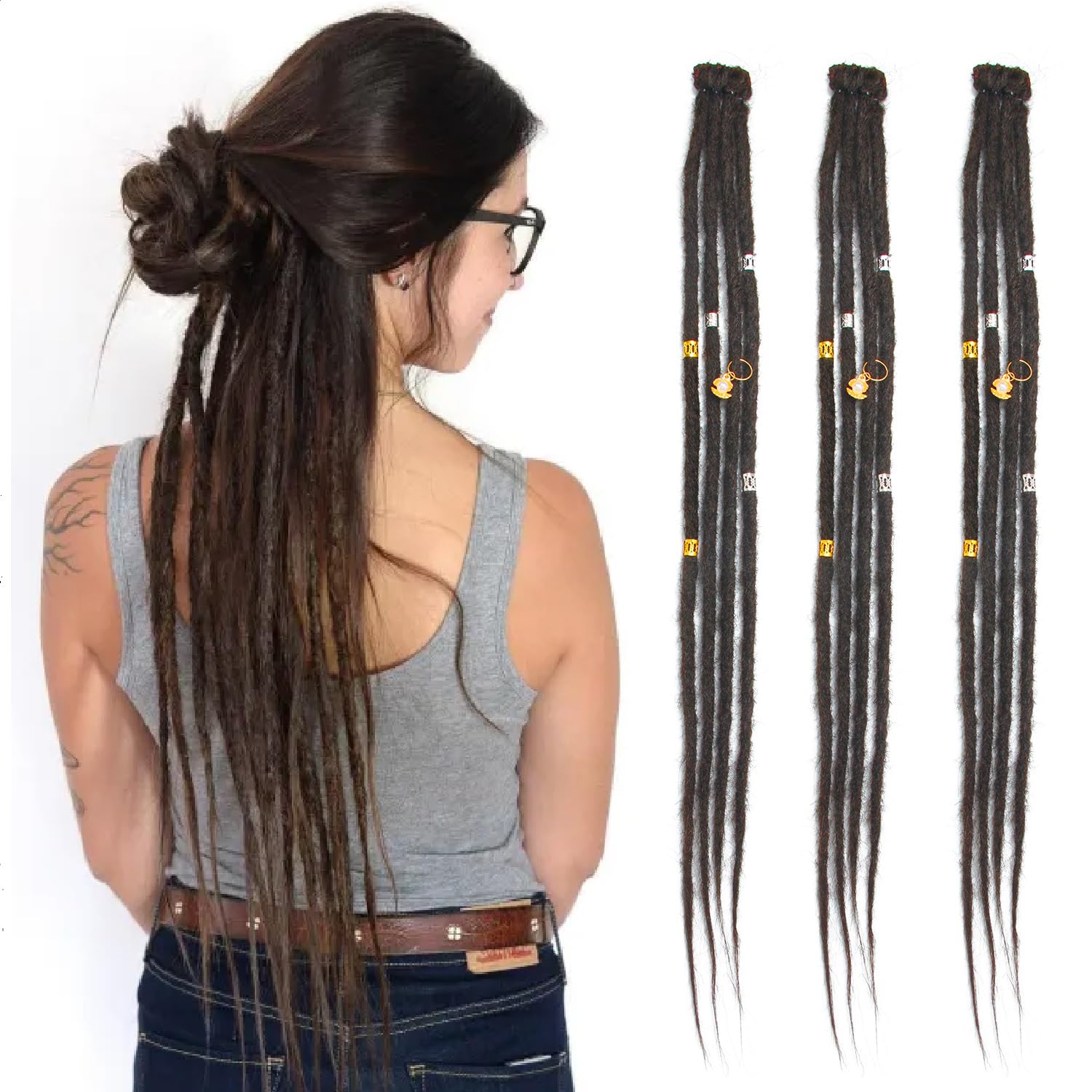 Clip In Dreadlock Extensions 20 Inch 3PCS Fatto a Mano 0,6 cm Dreads Sintetico con Clip Morbido Crochet Loc Estensioni(4#)