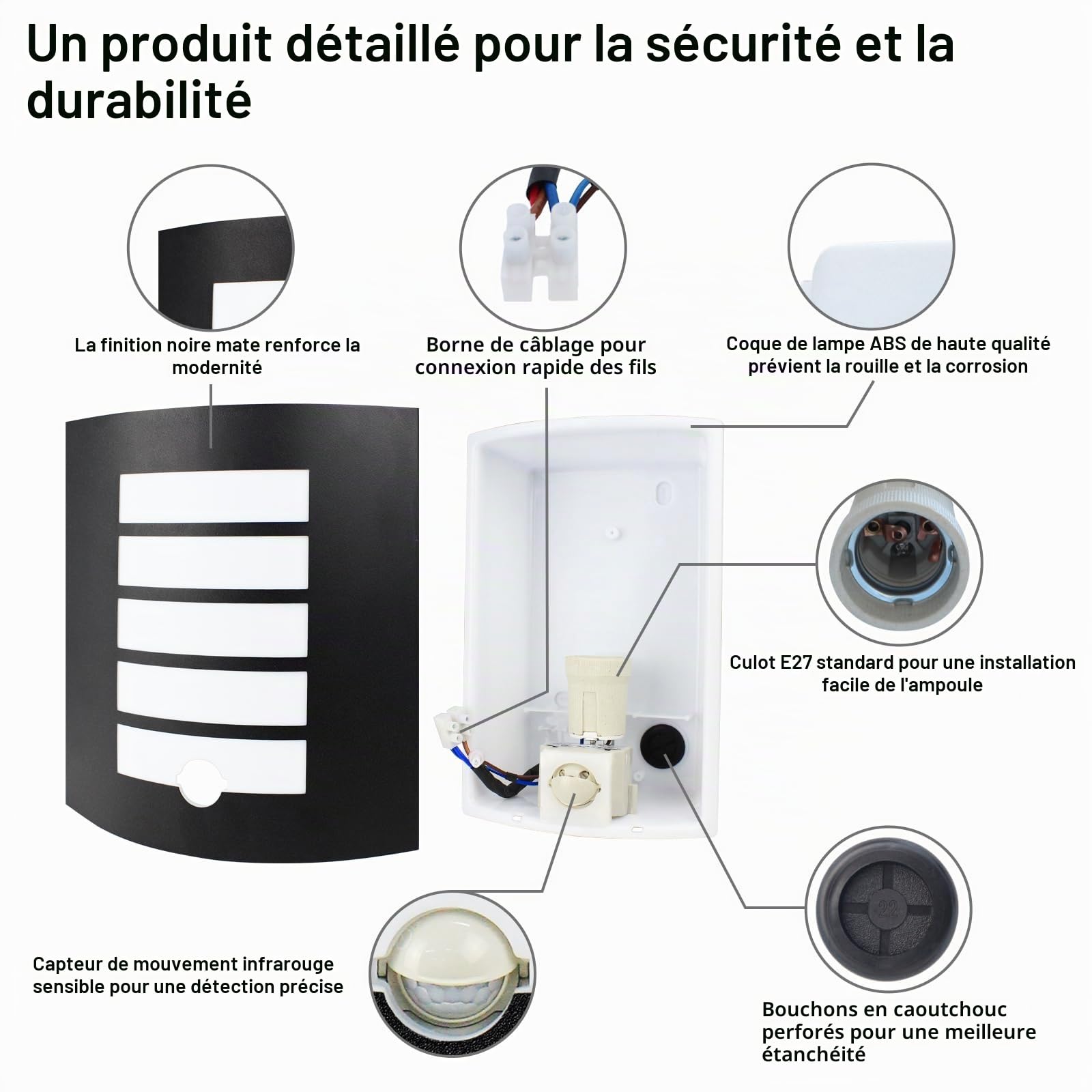 Applique Murale Extérieur/Intérieur avec Détecteur de Mouvement E27 LED Noir,12W Blanc Chaud 1200lm Luminaire IP44 Exterieur Étanche ABS,Lampe Exterieur pour Escalier Couloir Garage