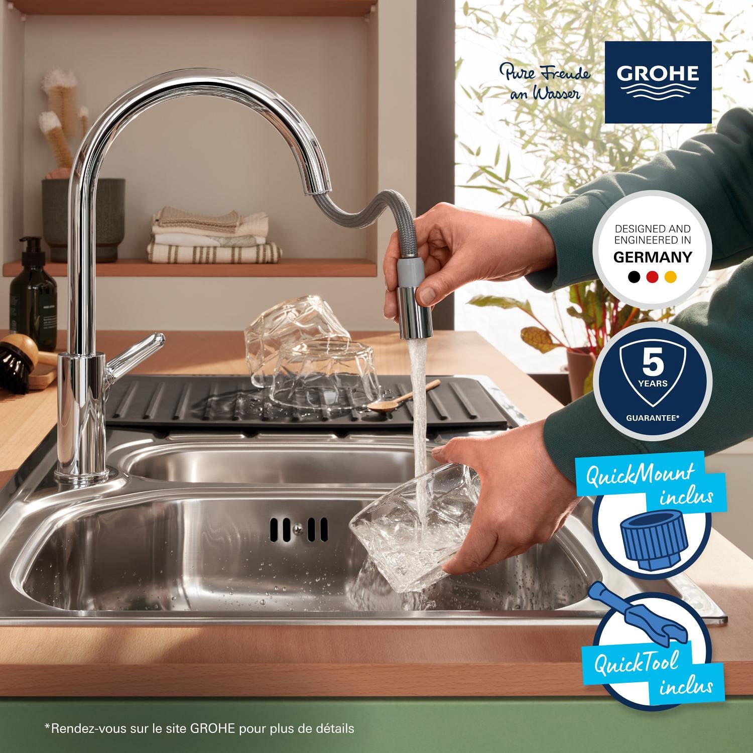 GROHE Start Curve Robinet de Cuisine, Mitigeur Monocommande Evier, Mousseur Extractible, Bec Haut, Zone de Rotation 360°, Chromé, 30562000