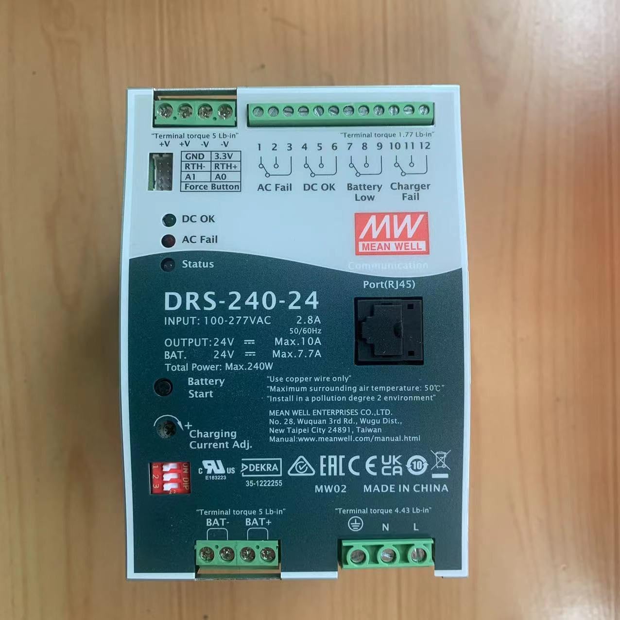 MeanWell DRS-240 240W All-in-One Intelligent Security Power Supply, 24V 7.7A, Grey, DIN Rail