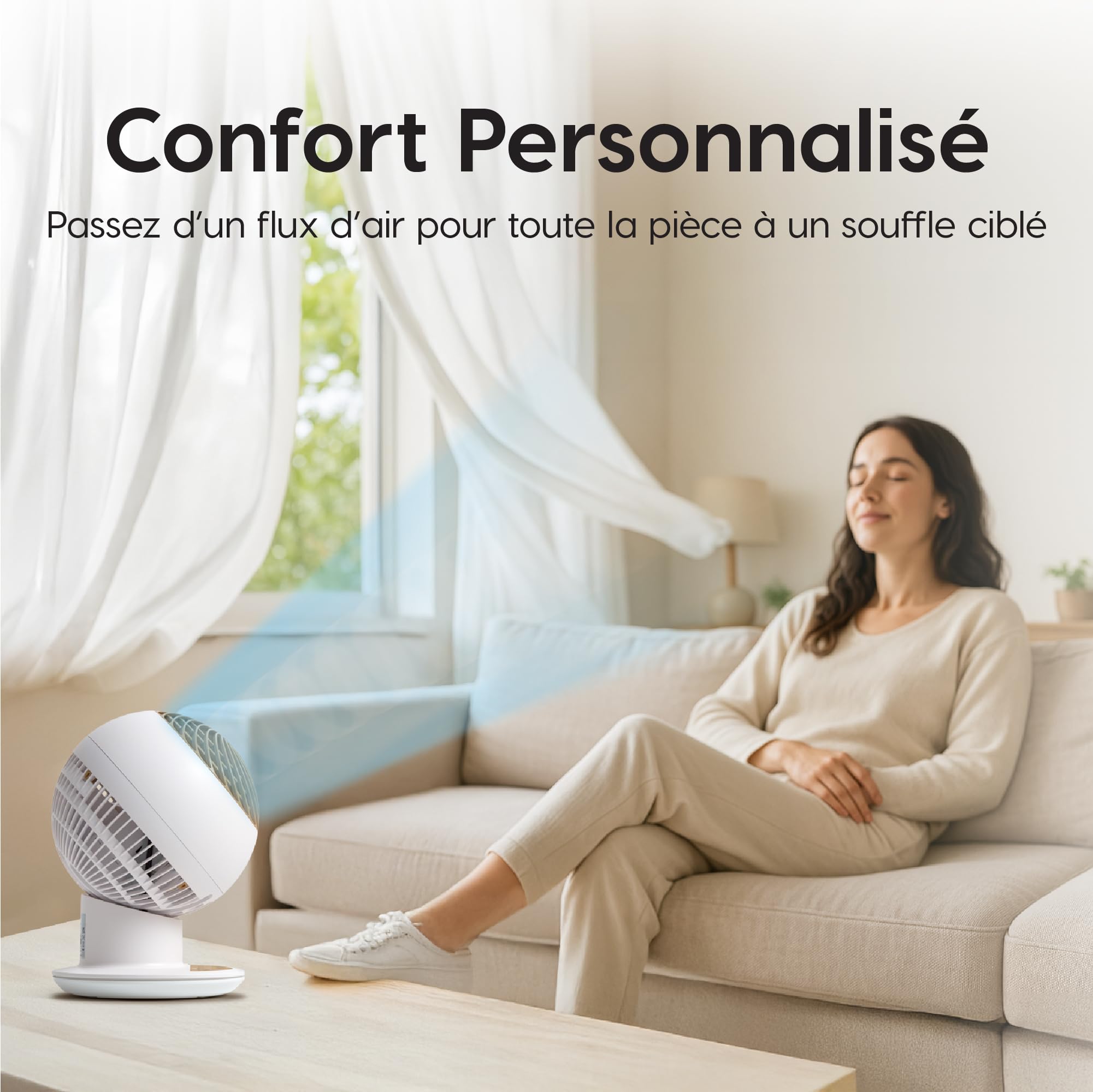 Iris Ohyama Woozoo Ventilateur de Table, Pièce de 30m², Oscillation Multidirectionnelle, Télécommande, Silencieux 30dB, Portable, 5 Vitesses, Minuteur, Fan, Pour Chambre, Bureau, Blanc-Bois, PCF-SC15T