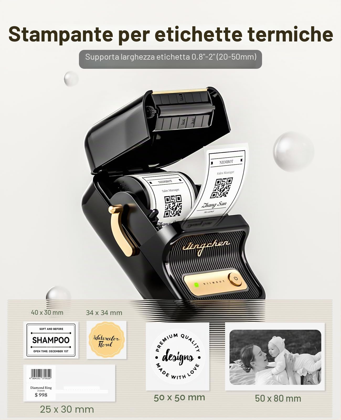 NIIMBOT Etichettatrice con 1 rotolo di nastro libero B21S Vintage 50mm larghezza stampante termica (nero)