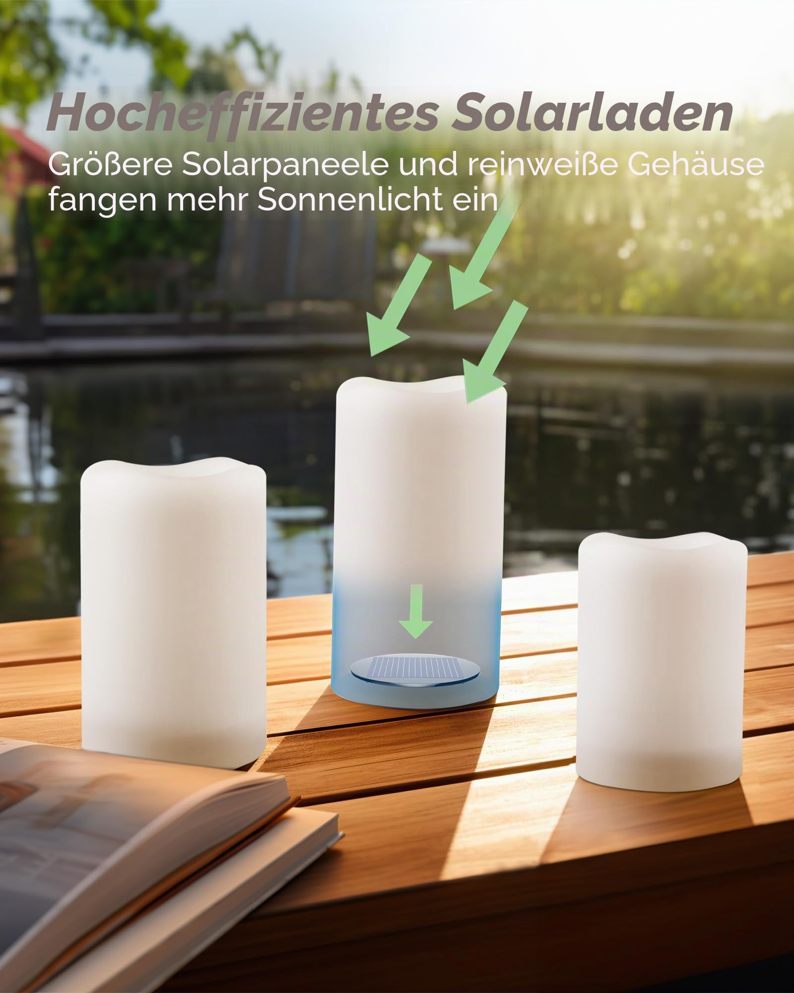 Homemory SolarKerzen für den Außenbereich, Wasserdicht, Wiederaufladbare Kerzen, Solarbetriebene Flammenlose Kerzen für Draußen, nur Sensor, Dämmerung bis Morgendämmerung, Weiß, 3er-Set