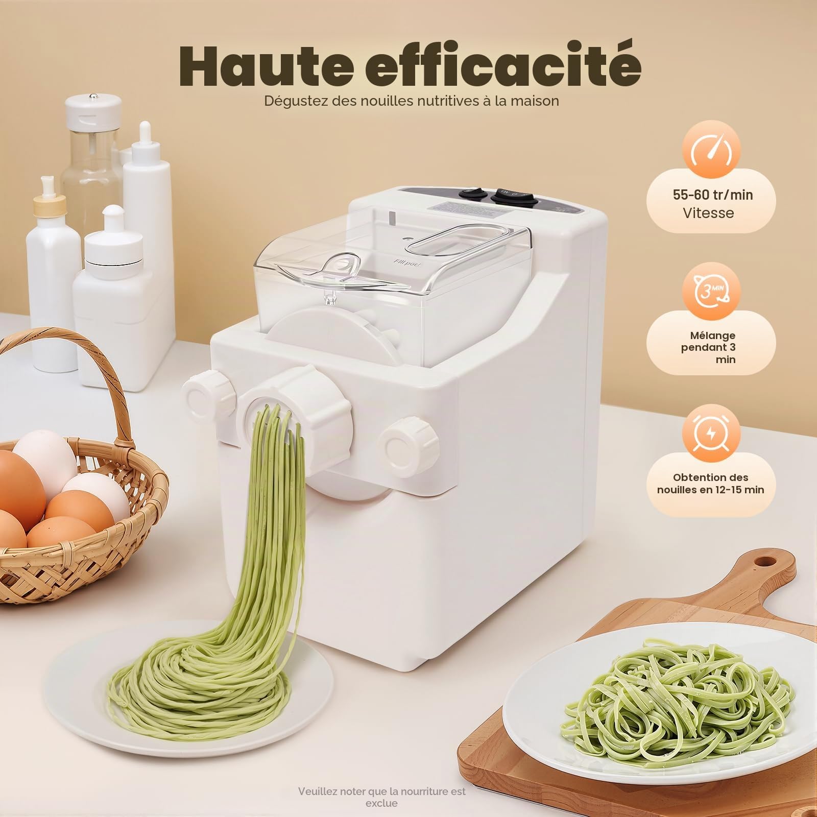 Machine à pâtes, Pasta Maker Automatique avec moteur en cuivre, Pâtes maison en 12 min, 9 formes Acier inoxydable, Mode inverse, Pâtes aux légumes, Clip de sécurité, Capacité 500g, Compact 33 cm