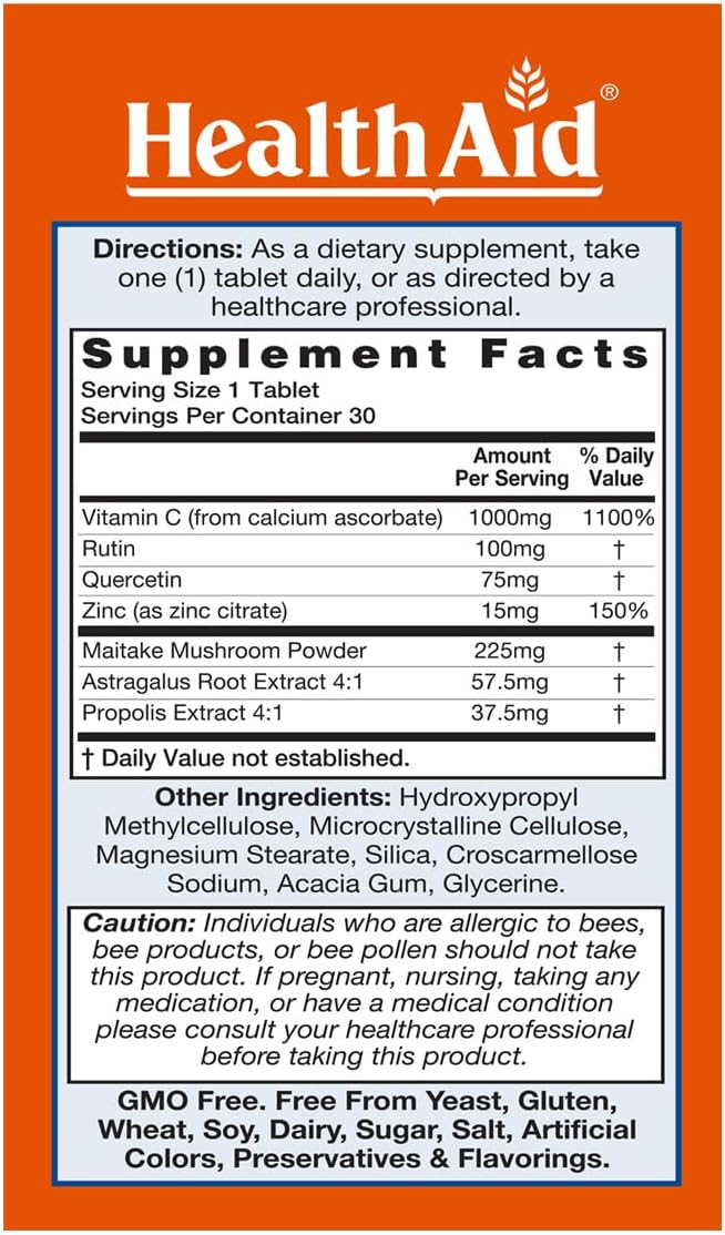 HealthAid Immuprotect Immune Defense Tablets – 30-Day Supply – Vitamin C, Zinc, Quercetin & Rutin with Maitake, Propolis & Astragalus | Daily Vegetarian Antioxidant Support