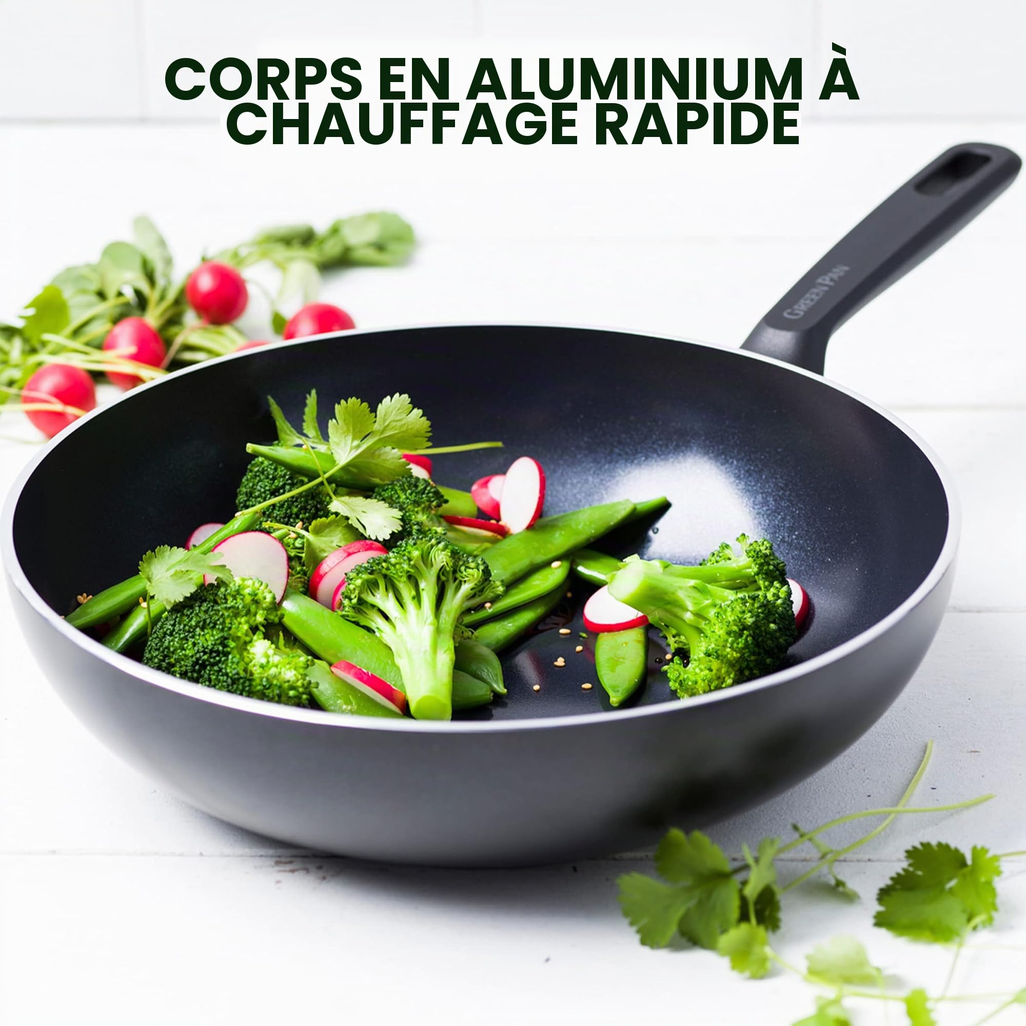 GreenPan Memphis Poêle Wok 30cm/3.6 Litre en céramique antiadhésive, Sans PFAS, Induction, Lavable au lave-vaisselle, Noir