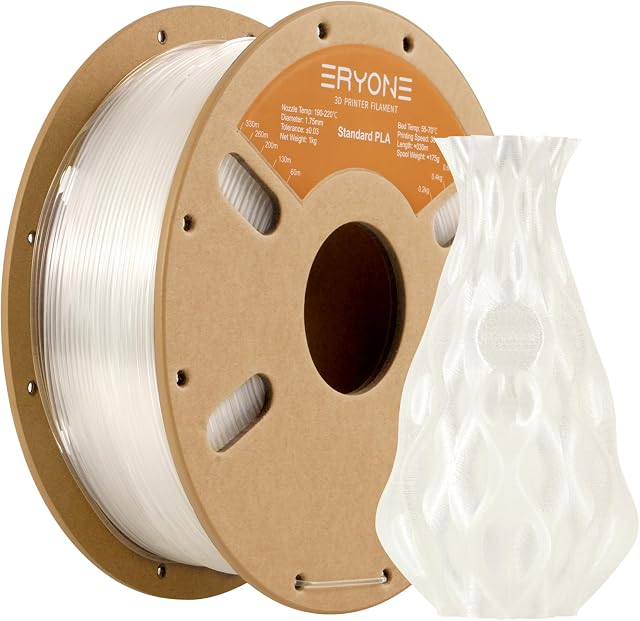 ERYONE Filament PLA o grubości 1,75 mm, do drukarki 3D, tolerancja +/- 0,03 mm, 1 kg/szpula, przezroczysty