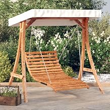 Hollywood Swing with Roof Made of Solid Wood Spruce Teak Finish Garden Lounger with Sun Protection for Patio Balcony Porch Relaxing Furniture Weatherproof