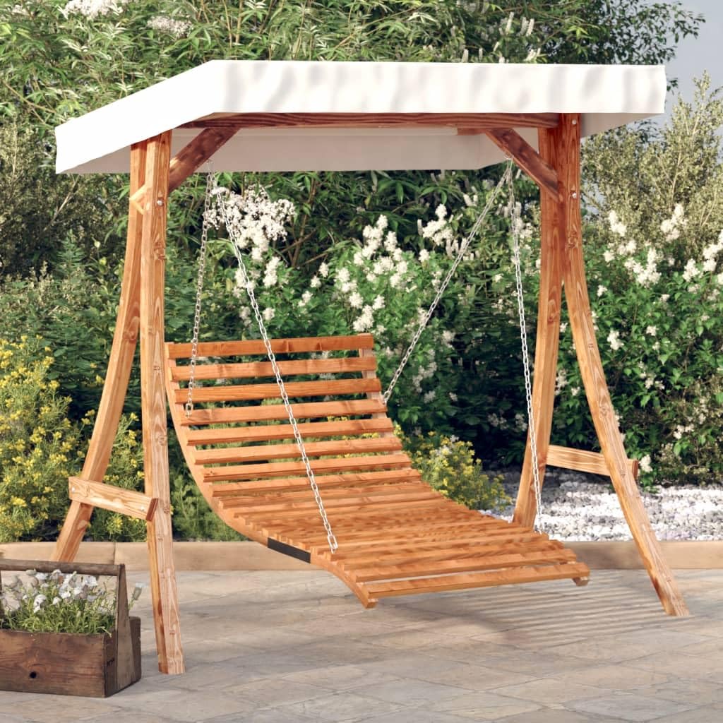 Letto a Dondolo con Tetto in Legno Massello di Abete, Finitura Teak,