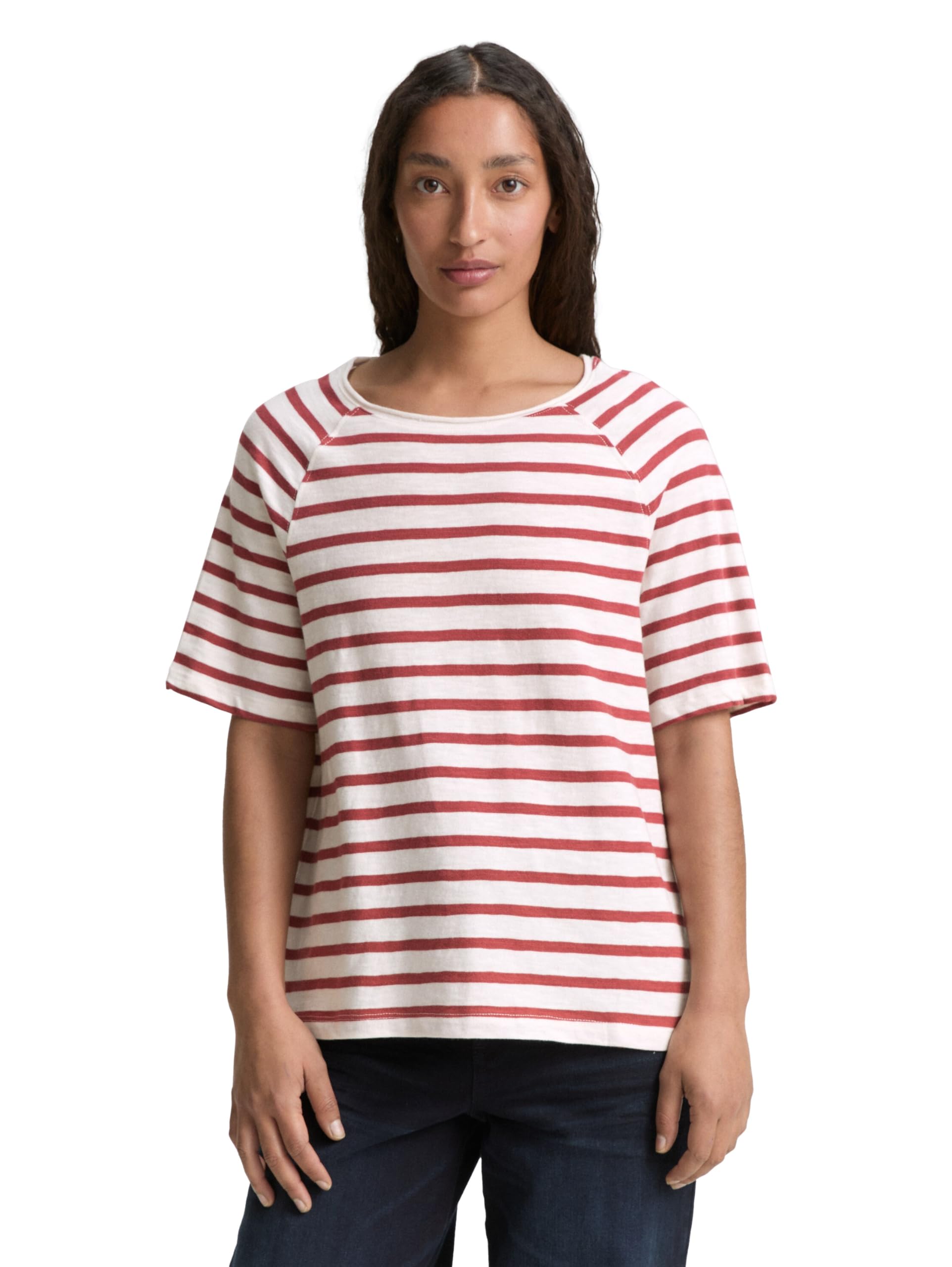 TOM TAILOR Women's T-Shirt, 37838 - Offwhite Deep Red Stripe, M