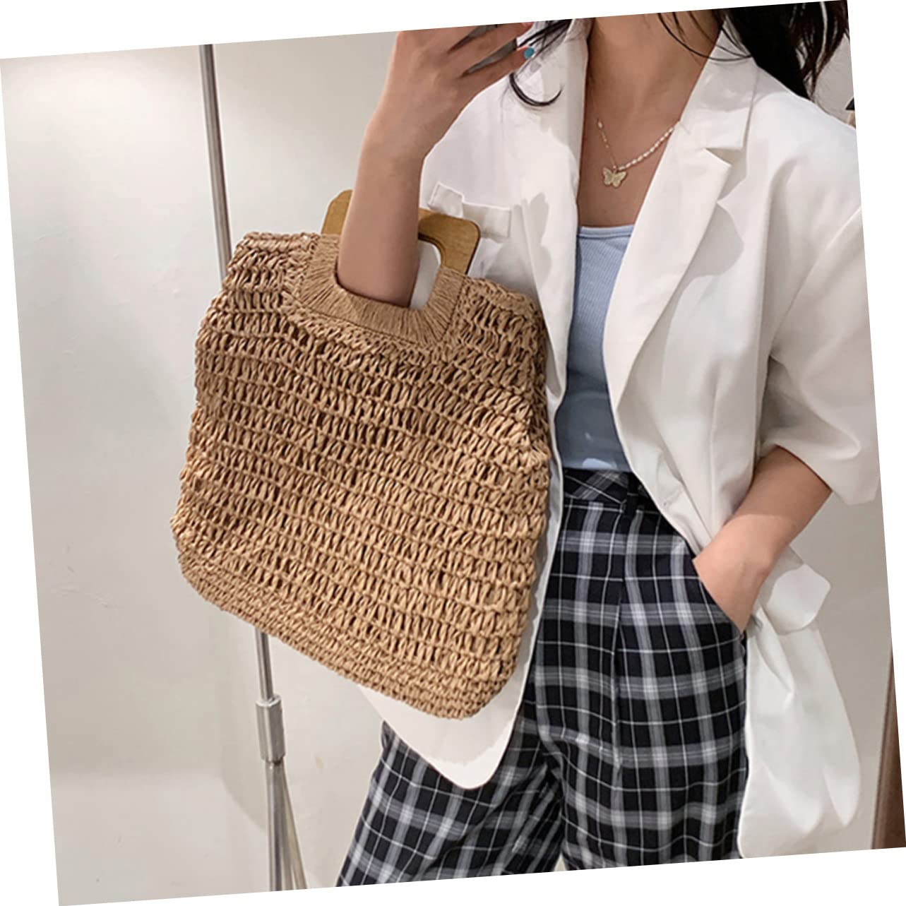 1pezzi Borsa Intrecciata Mano Per Ragazze Semplice Borsa Tote Estiva Mare Spiaggia Custodia Estiva Alla Moda Per Shopping e Spiaggia