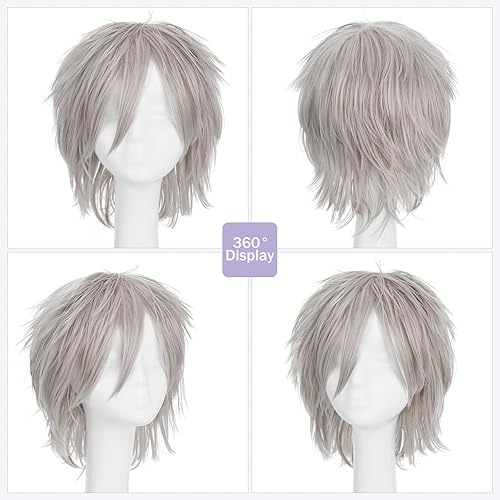 Miniatura 4 de Pelucas de pelo sintético lacio, corto y esponjoso. Para fiestas de cosplay, anime peluca con pelo despeinado y puntiagudo, para hombre y mujer