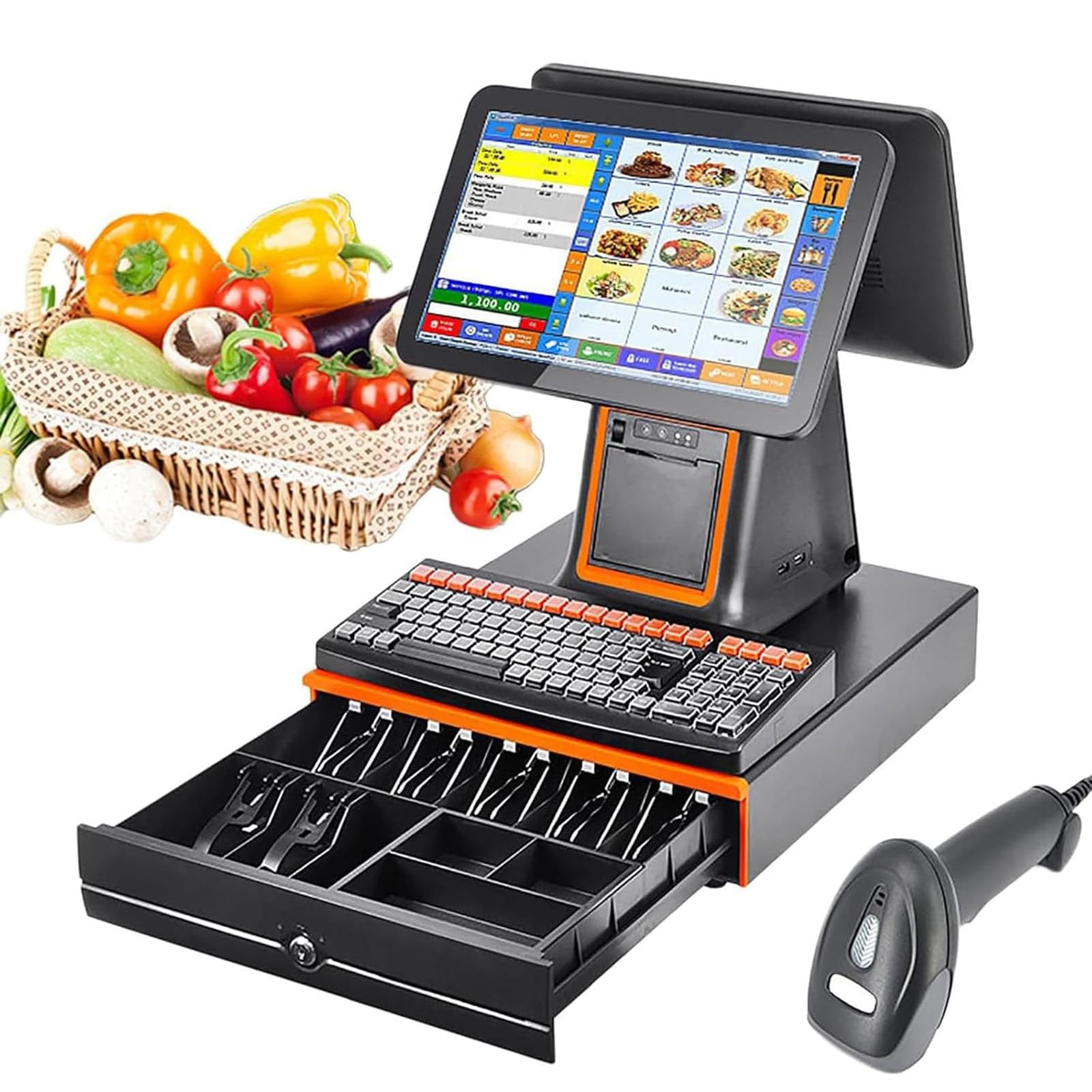 PtaTritious Smart Cash Register POS System with 15.6-Inch Touch Screen Dual Monitor, Barcode Scanner, Cash Management System for Retail Restaurant Supermarket Black