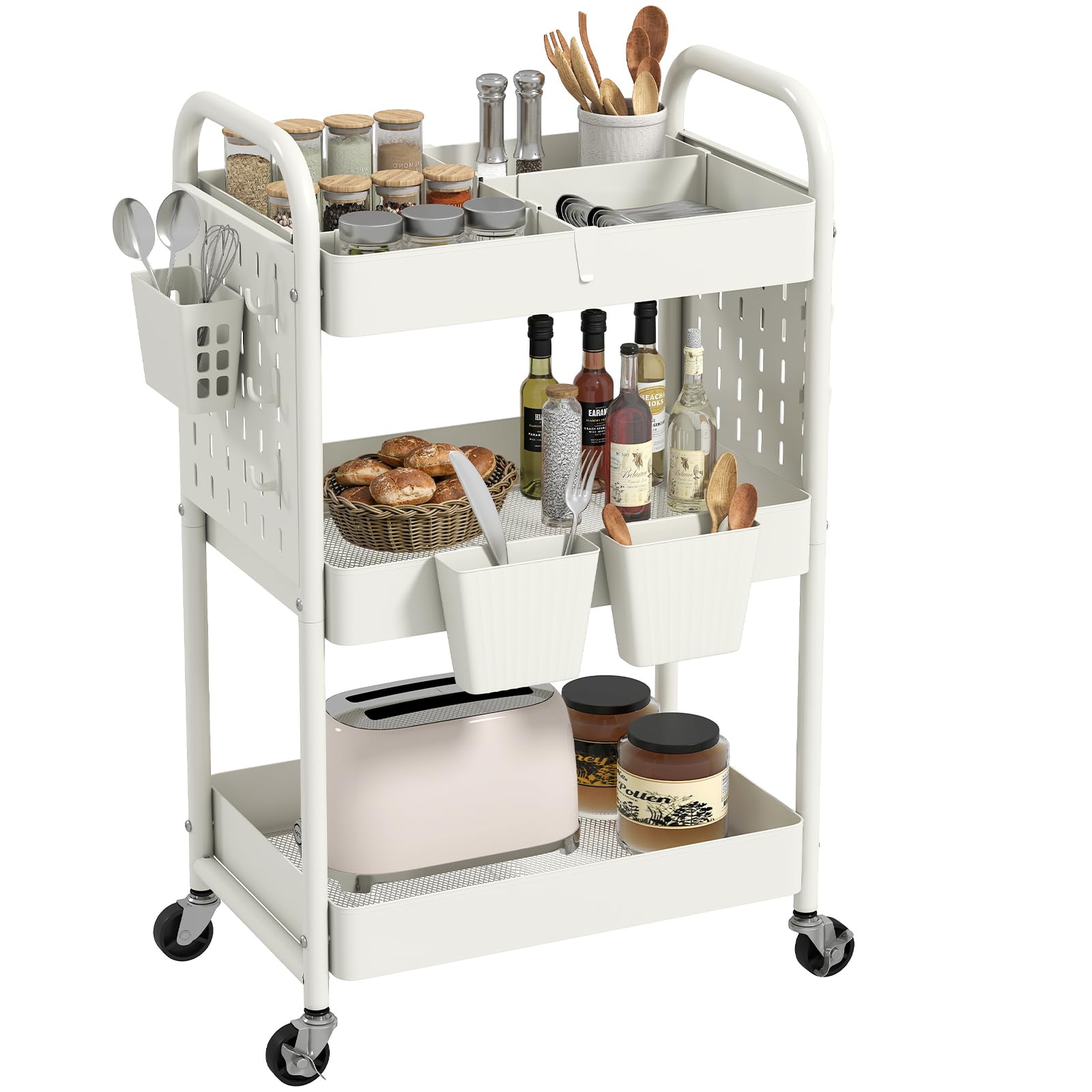 danpinera 3 Tier Rolling Cart, Metal Utility Cart with DIY Pegboard, Rolling Carts with 3 Dividers, Storage Cart with Hooks & Hanging Cups for Kitchen, Bathroom, Office