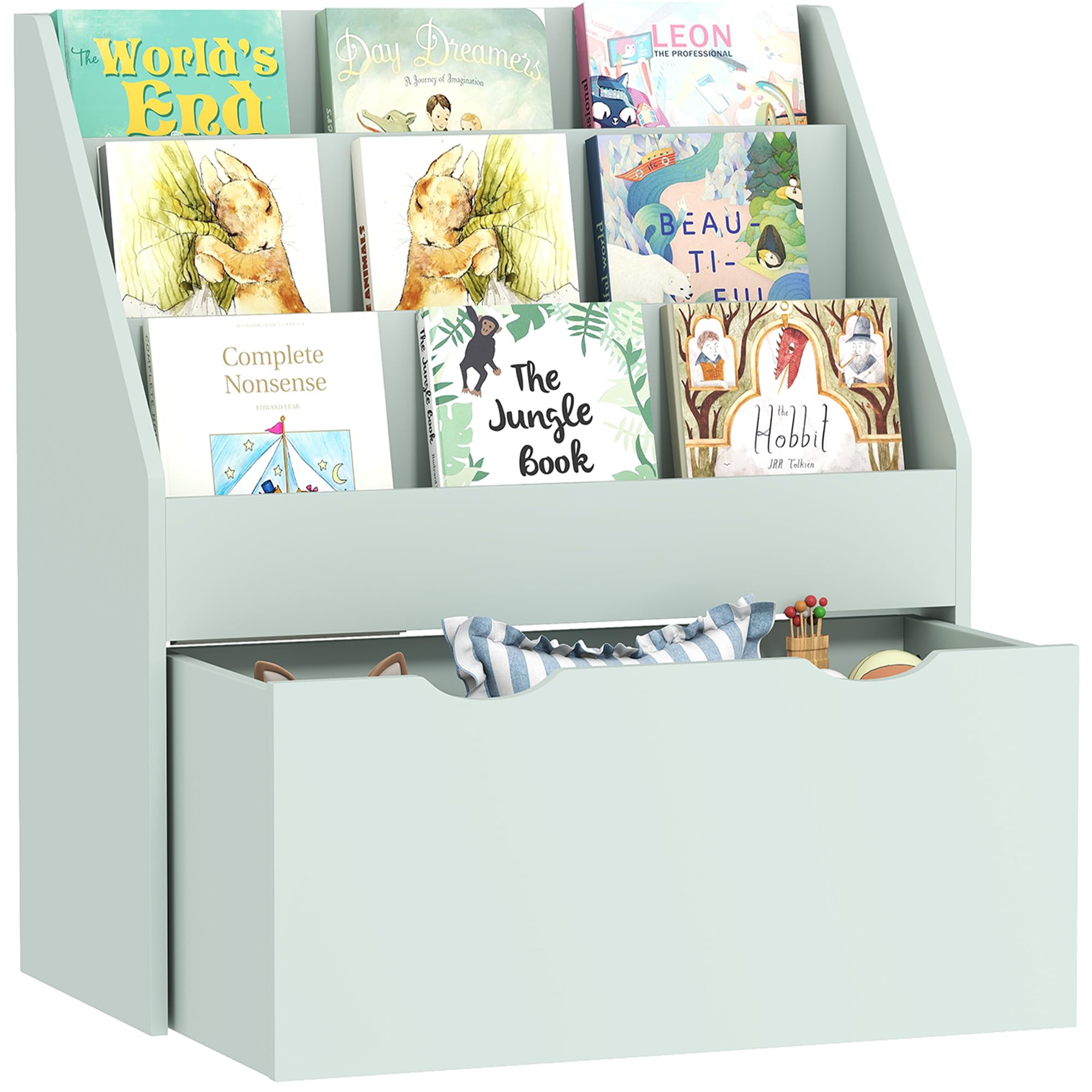 AIYAPLAY Kids Bookcase - 3 Tier Shelves - Drawer - Green