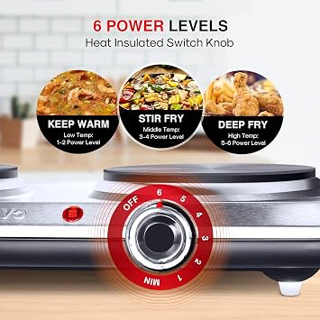 Hot Plates for Cooking, 1800W Electric Double Burner with Handles, 6 Power Levels Stainless Steel Hot Plate for Kitchen Camping RV Cast Iron