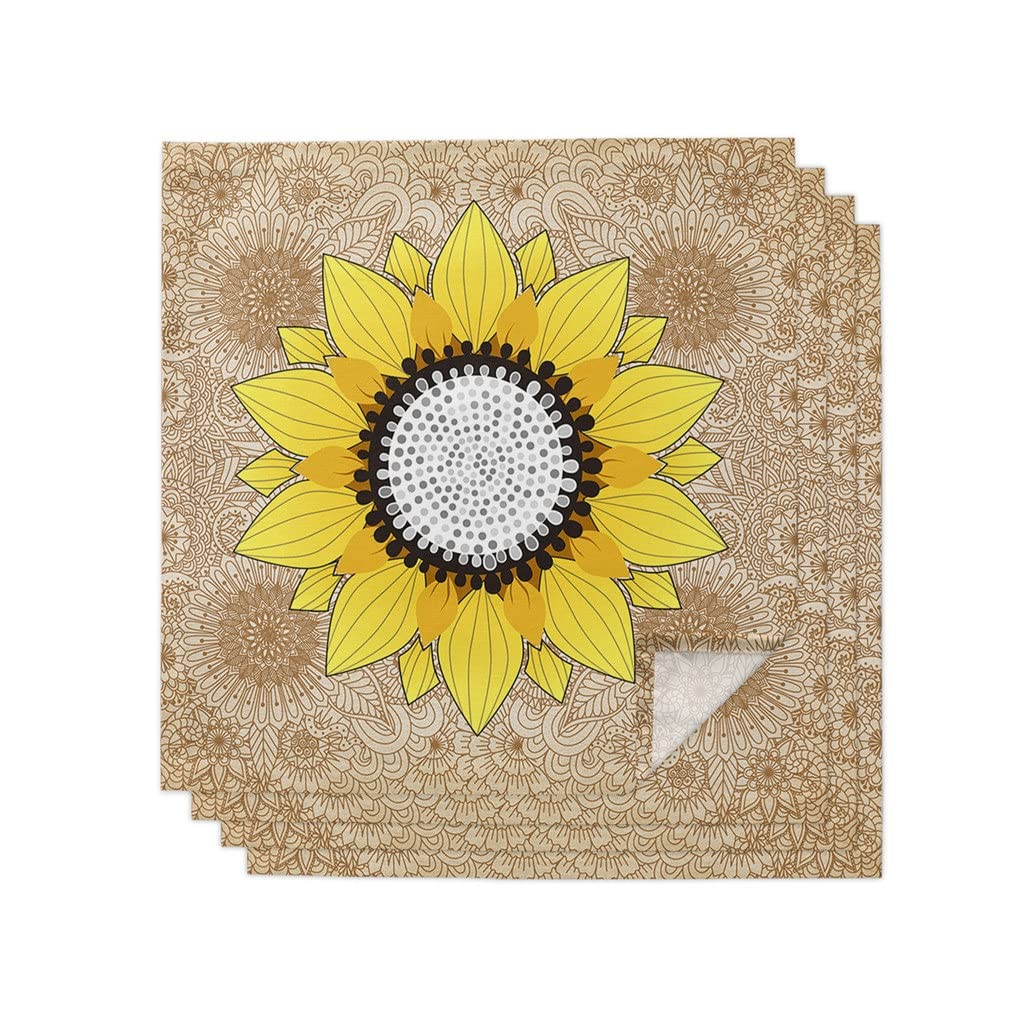 GSGRTYJIO Set of Khaki Table Napkins with Sunflower and Mandala, for Parties, Tablecloth, Wedding, Dinner Kitchen