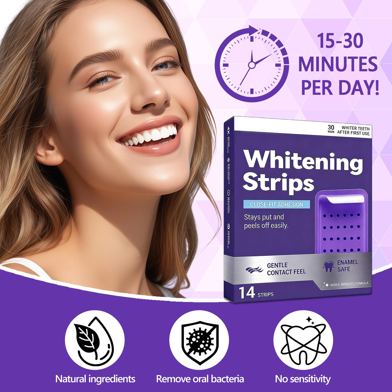 14 PièCes Bandes Blanchiment Dentaire Violet, Bandes Nettoyantes Pour Blanchiment, Facile À Utiliser, Élimine Les Taches De Café Et De Thé, Haleine Fraîche, Soin Quotidien - 5