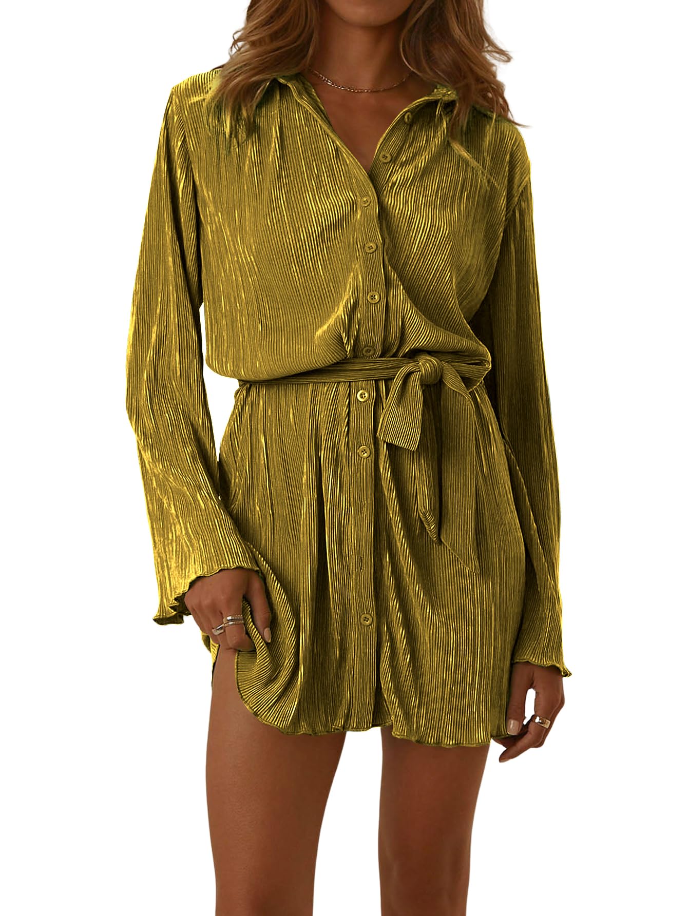 LYANER Women's Collar V Neck Button Down Pleated Long Sleeve Mini Shirt ...