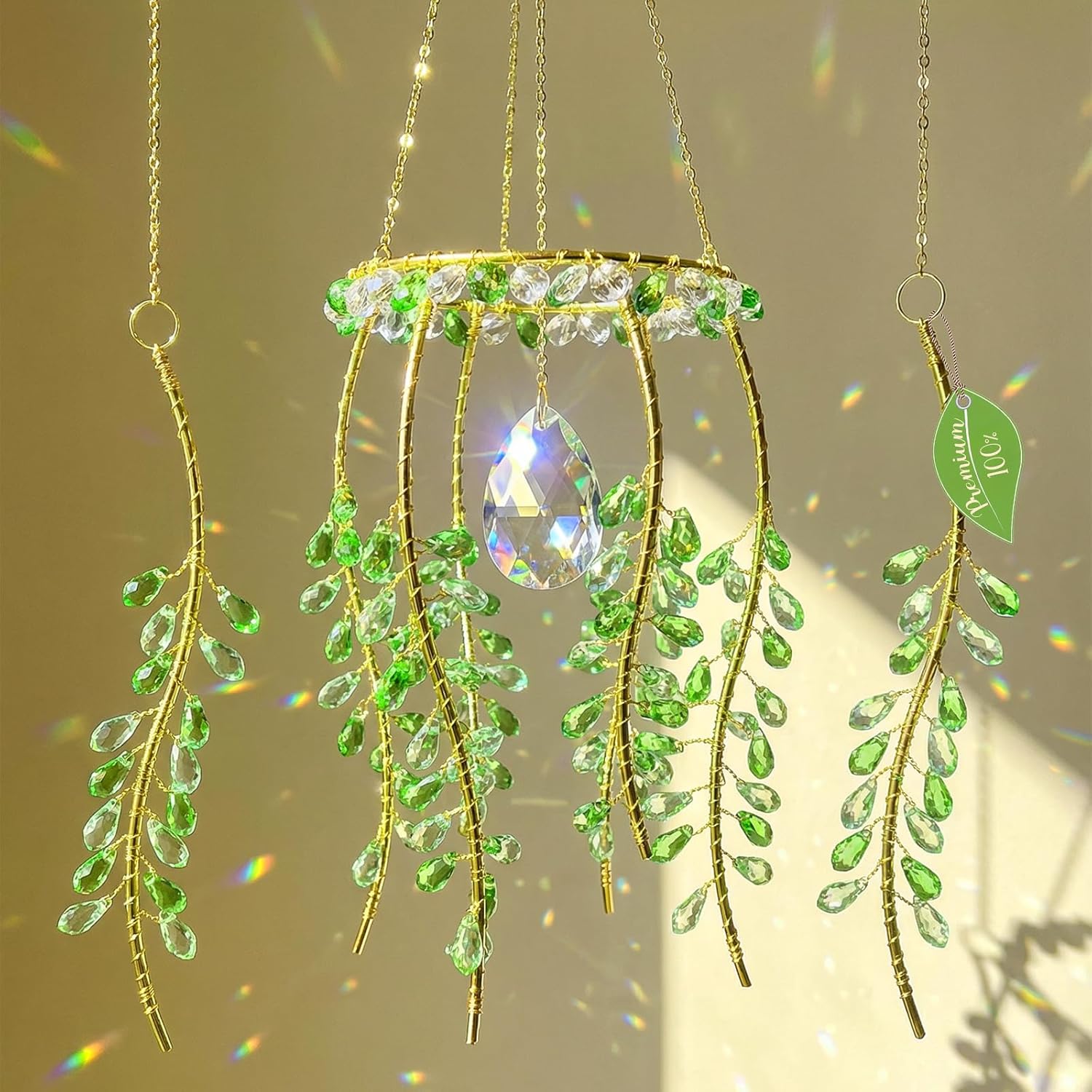 Crystal Suncatchers for Window, 3 Pcs Plant Pattern Hanging Crystal Wind Chimes, Rainbow Maker with Chain, Indoor & Garden Decor, Green