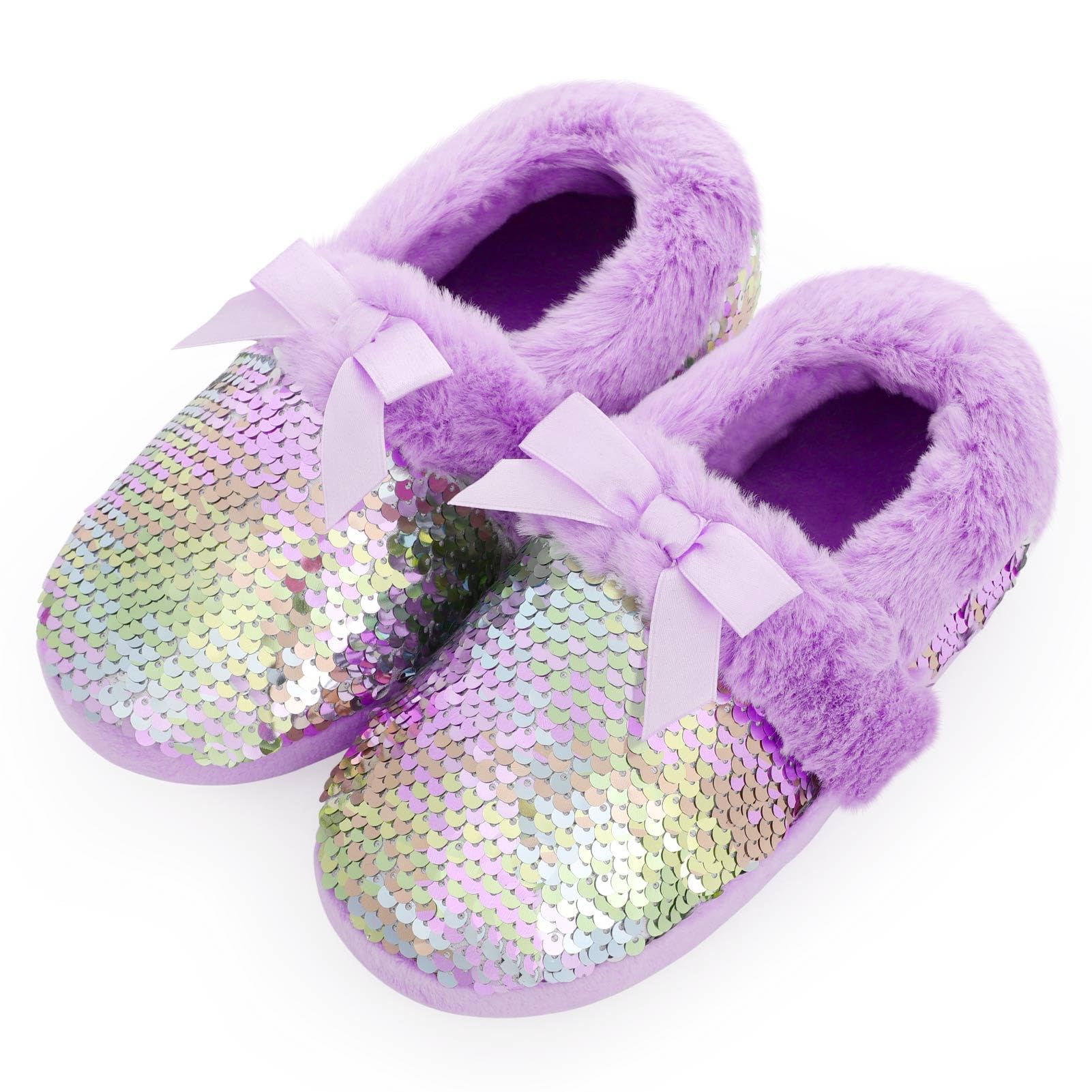 OrthoshoesGirls Fluffy Sequin Slipper, Cozy Plush House Slippers with  Ribbon Bow for Girls Bedroom Indoor Outdoor