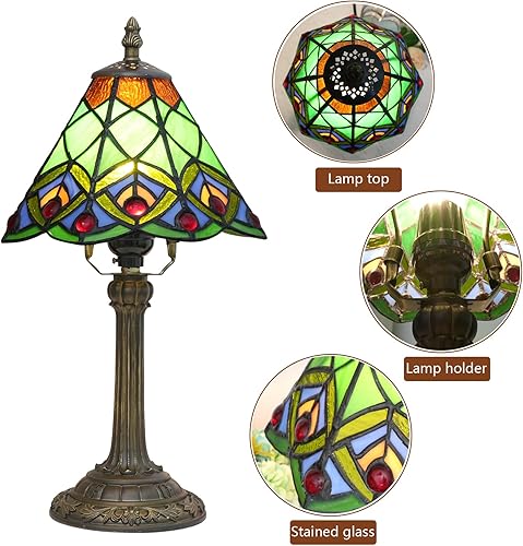 Miniatura 4 de Lámpara Tiffany pequeña verde con vitrales, lámpara de mesa de cola de pavo real para dormitorio, luz de noche para sala de estar, dormitorio, bar,