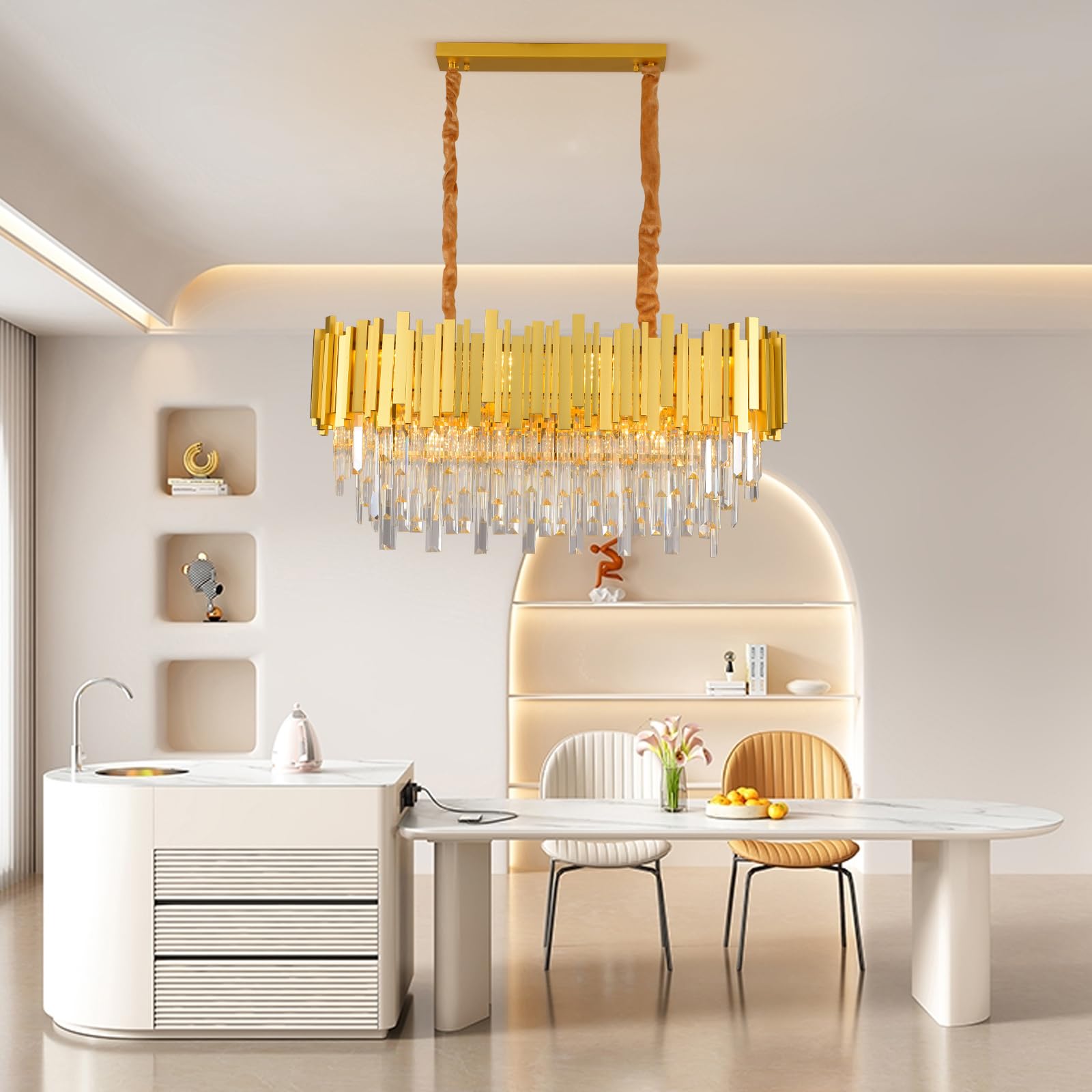 Lampadario di cristallo moderno,E14 x 10 luci Pendant a pendolo,Lampadario a Cristalli Rotondi,per la sala da pranzo, cucina, soggiorno, camera da letto, corridoio, caffè, bar(80 * 30 Cm,Oro)