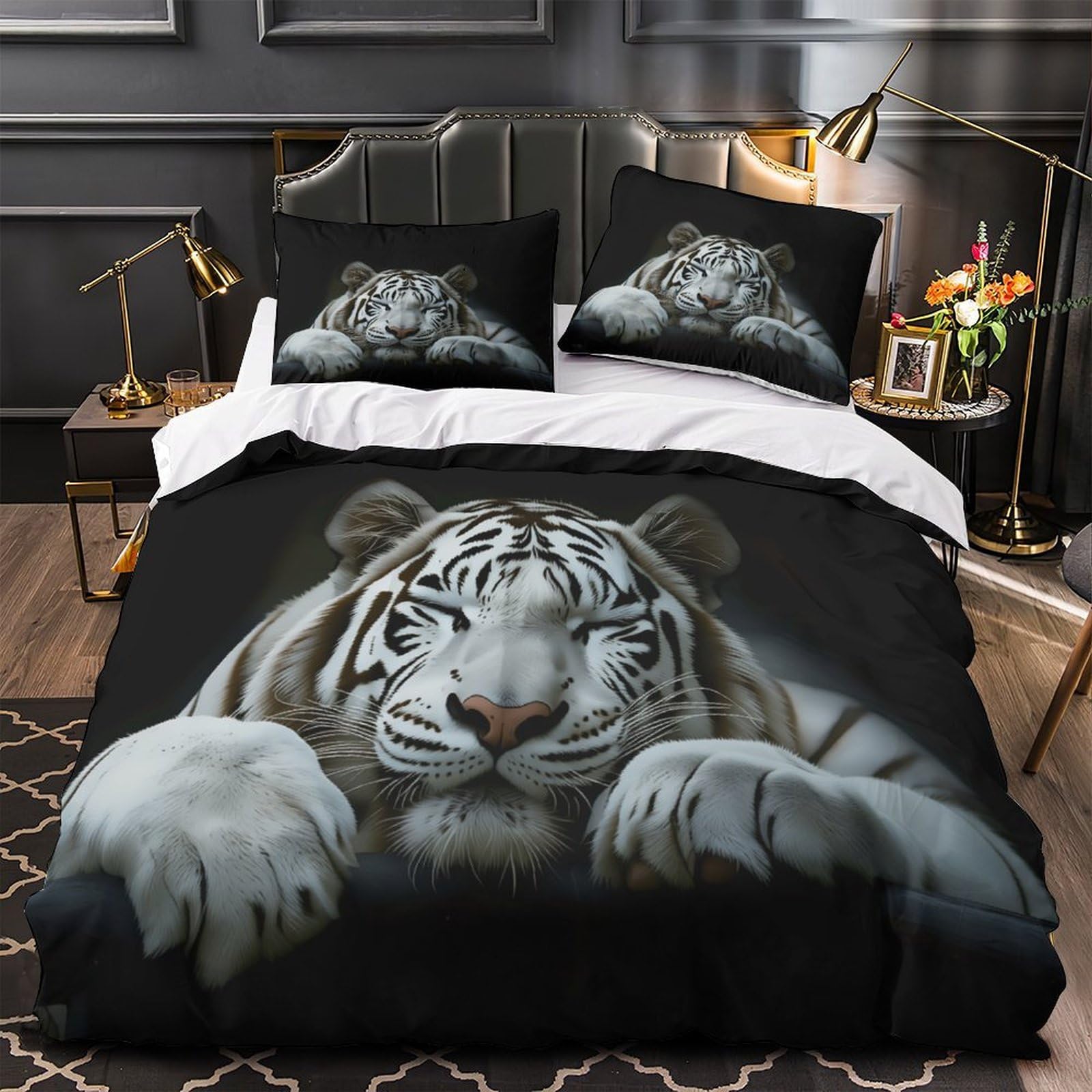 Housse de couette tigre blanc 3D microfibre douce anti-plis pour grand lit 260x220