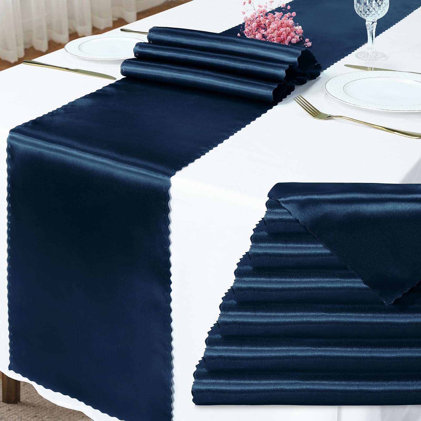 Photo 1 of Eychei 6 Pack Navy Blue Satin Table Runner 12 x 72 Inch Long,Bright Smooth Table Runner with Scalloped Edges,Silky Dinner Table Runner Decorations for Weddings,Banquet,Birthday Parties,Graduations