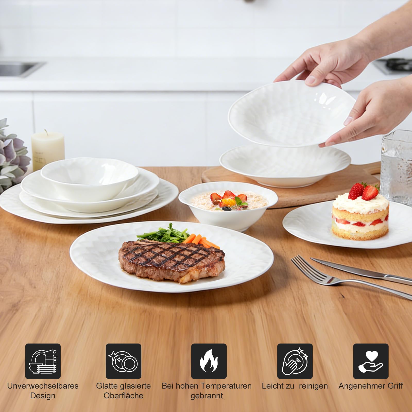 Geschirrset 24-teilig für 6 Personen, Porzellan,Gitterförmig | Dinner set, Tafelservice, Je 6 Speiseteller, Dessertteller, Müslischalen, Salatschüssel, Teller set, Kombiservice 6 personen