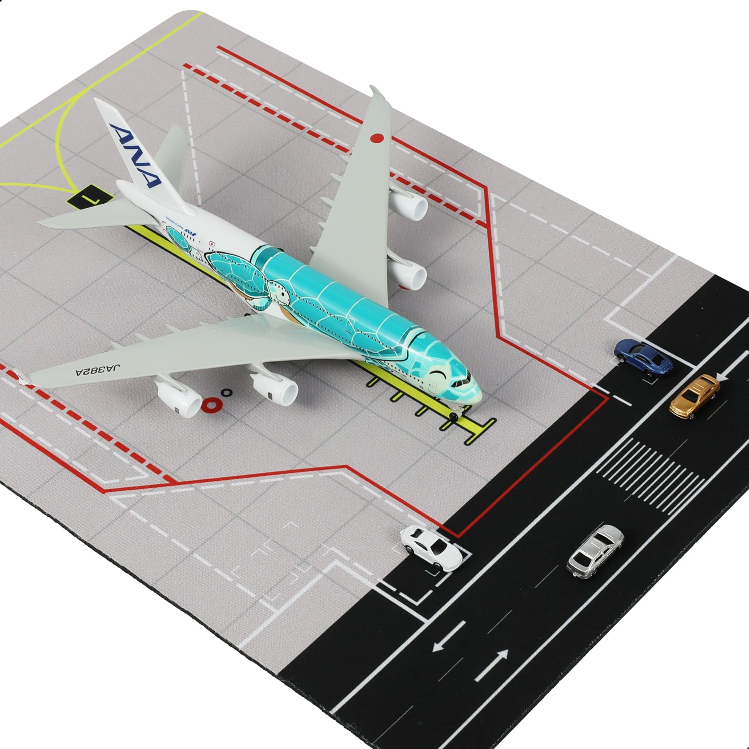 QIYUMOKE 1/300 Compatible with ANA Green Turtle A380 Aircraft Model with Rubber Airport Mat and 5 Cars for Metal Die Cast Model Kit for Adults Aviation Collector (Mat:25×35cm)