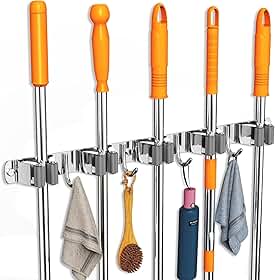 2 Pcs Suporte para Vassouras e Rodo de Parede em Aço Inoxidável SUS304, Porta Vassoura com 5 Clipes e 4 Ganchos, Estrutura Triangular, Rolos Antiderrapantes, 43cm