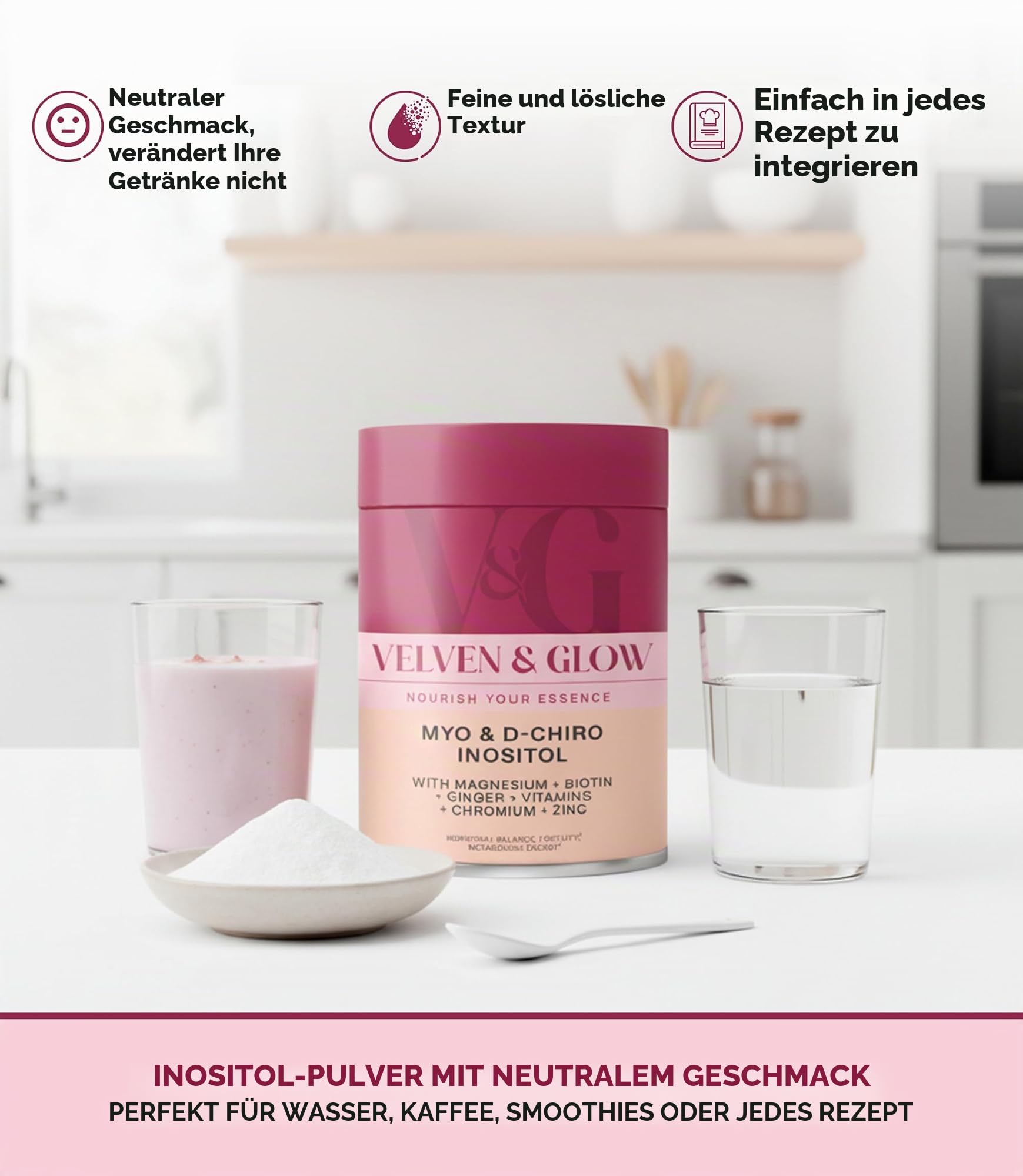 Myo & D Chiro Inositol 40:1 Hochdosiert Pulver für Frauen mit Magnesium Vitaminen Selen & Biotin Neutral Geschmack 135g 1 Monat PCOS supplements Zyklus Balance Haut Velven & Glow