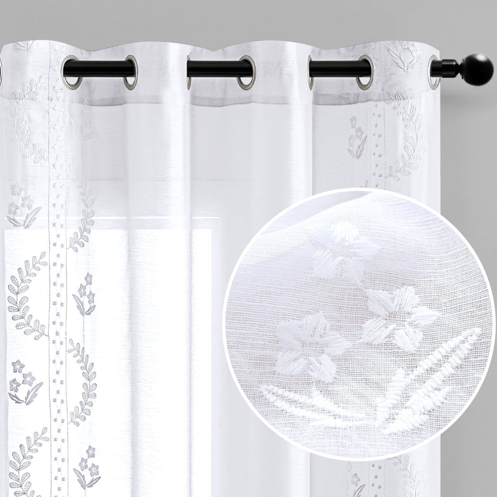TOPICK Embroidery Floral White Net Curtains for Windows 90 Inch Long - Image 4