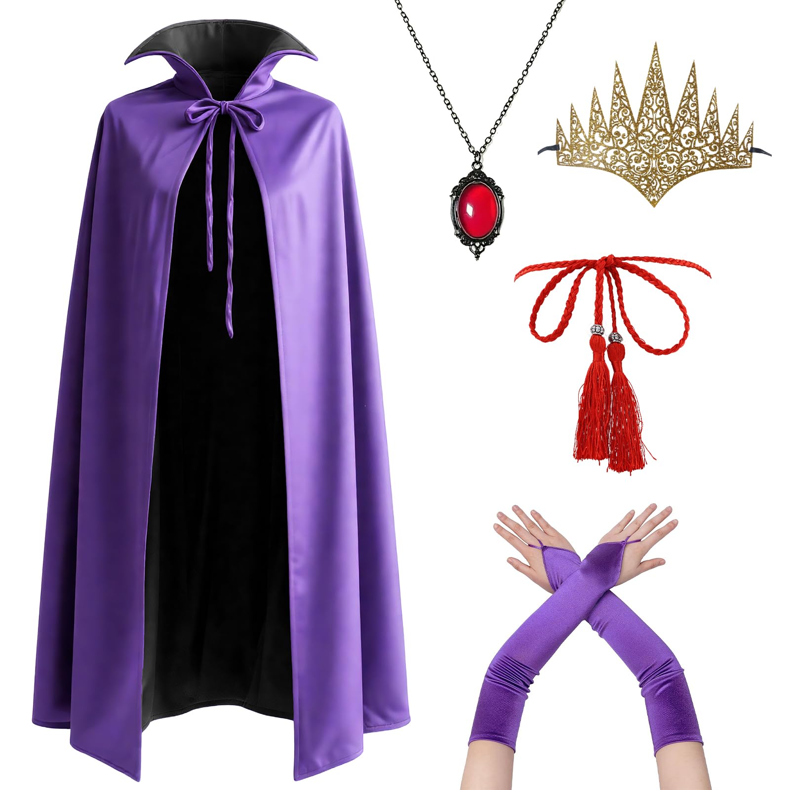 Disfraz De Reina Malvada – Capa Reversible Negra Y Púrpura Con Corona, Collar, Guantes Y Cinturón Para Halloween Y Cosplay