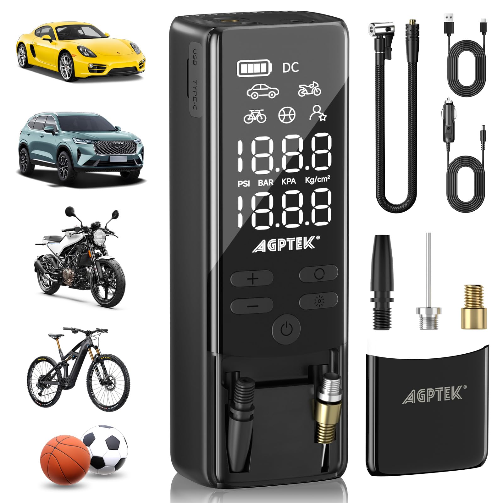 AGPTEK Mini Pompe à Voiture, Mini Compresseur à Air portatif, 7500mAh 12V DC, Portable Gonfleur Electrique pneus Voiture sans fil, 150PSI & 5 modes, LED et Arrêt auto pour les vélos, motos, balles