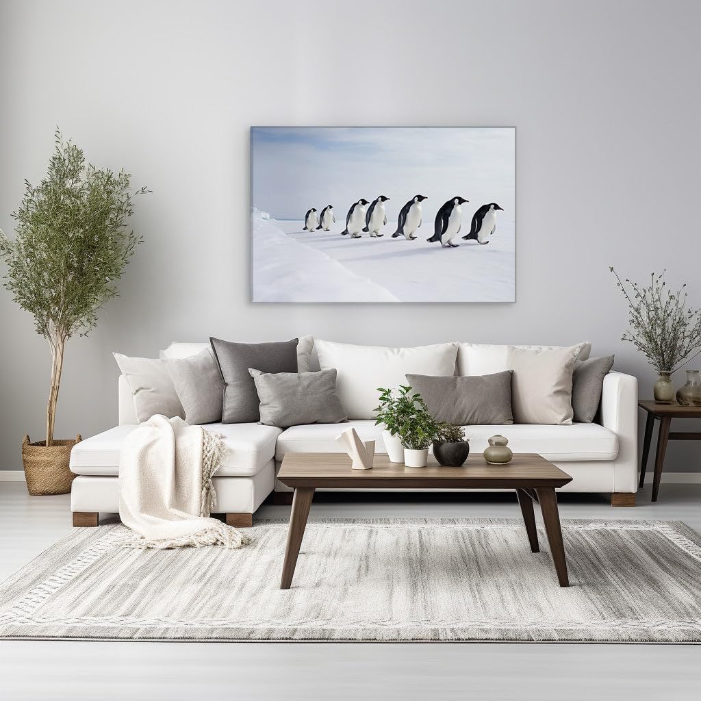 Canvas for Living room. March of the Tranquil Penguins: A Snapshot of Serene Harmony, 27 x 18 inch Canvas Wall Art - Expansive Panoramas - Modern Home Decor - 91x61 cm (36x24 inch)